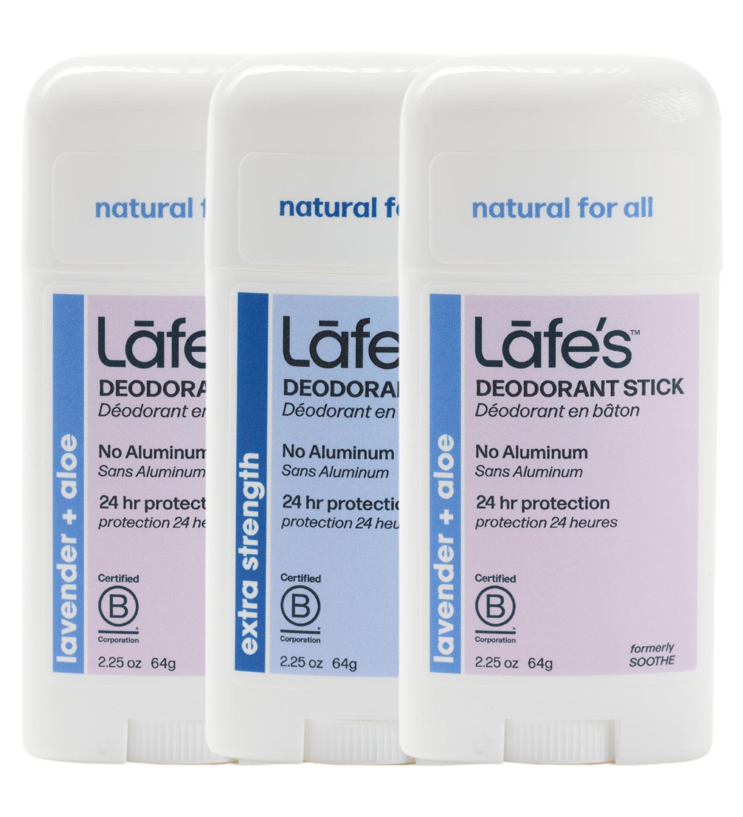 Lafe's Natural Deodorant | 2.25oz Aluminum Free Natural Deodorant Stick for Women & Men | Paraben Free & Baking Soda Free with 24-Hour Protection (Lavender & Aloe/Extra Strength 2.25 Ounce - 3-Pack) - Buy Online on GoSupps.com