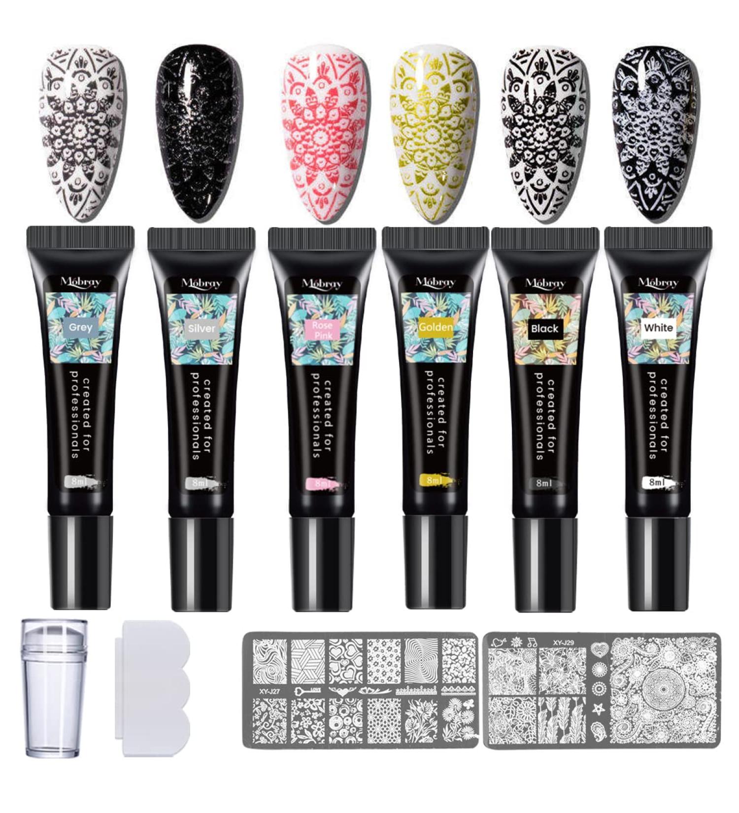 Mobray Nail Stamping Gel Polish Kit - 6 Colors 8ml UV LED Art Set with Stamper, Scraper, Templates - Black Red Yellow - Buy Online on GoSupps.com
