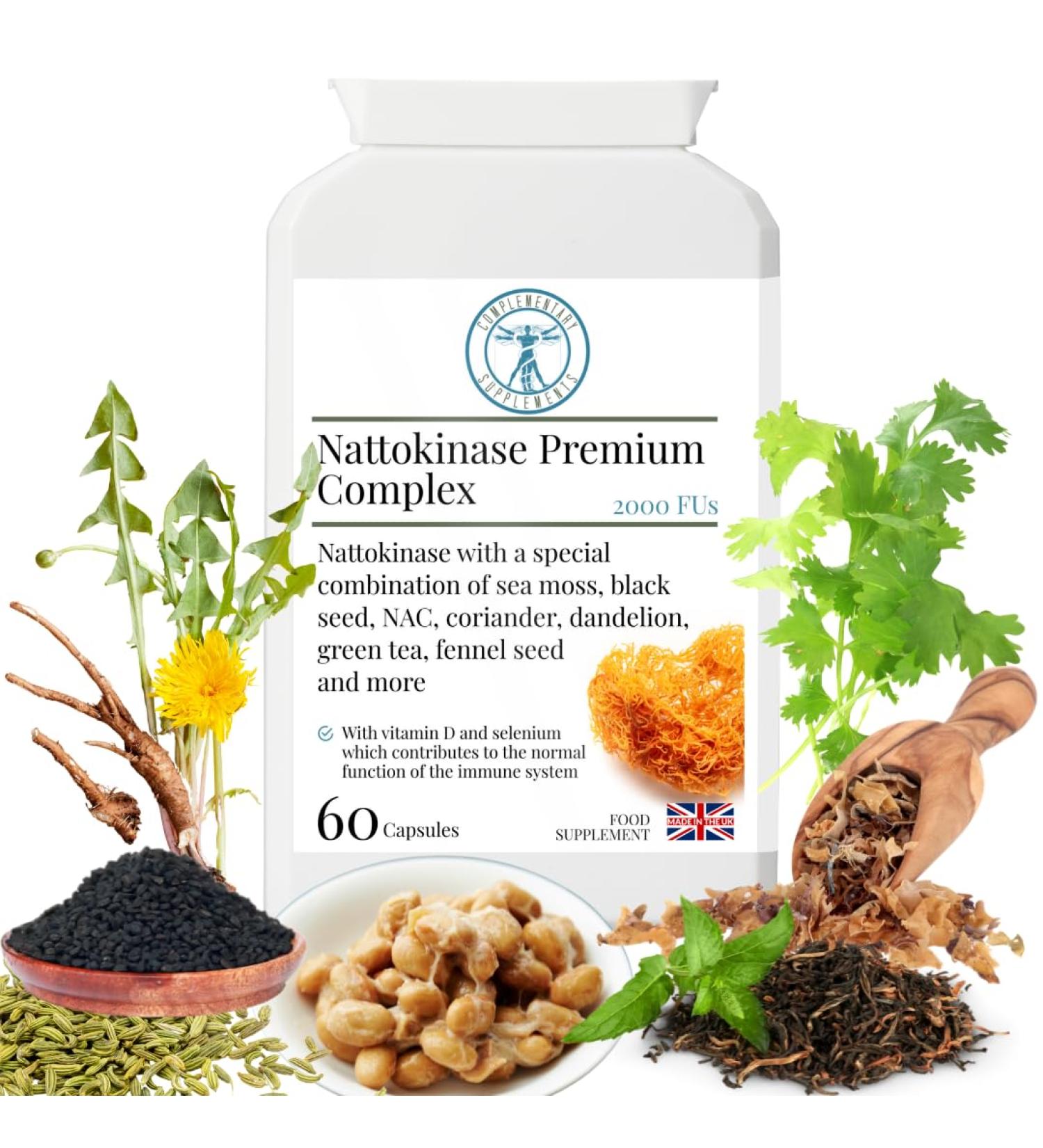 Complementary Supplements Nattokinase 2000FU Premium Complex with Black Seed Cilantro NAC Sea Moss Dandelion - Vegan 60 Capsules - Buy Online on GoSupps.com