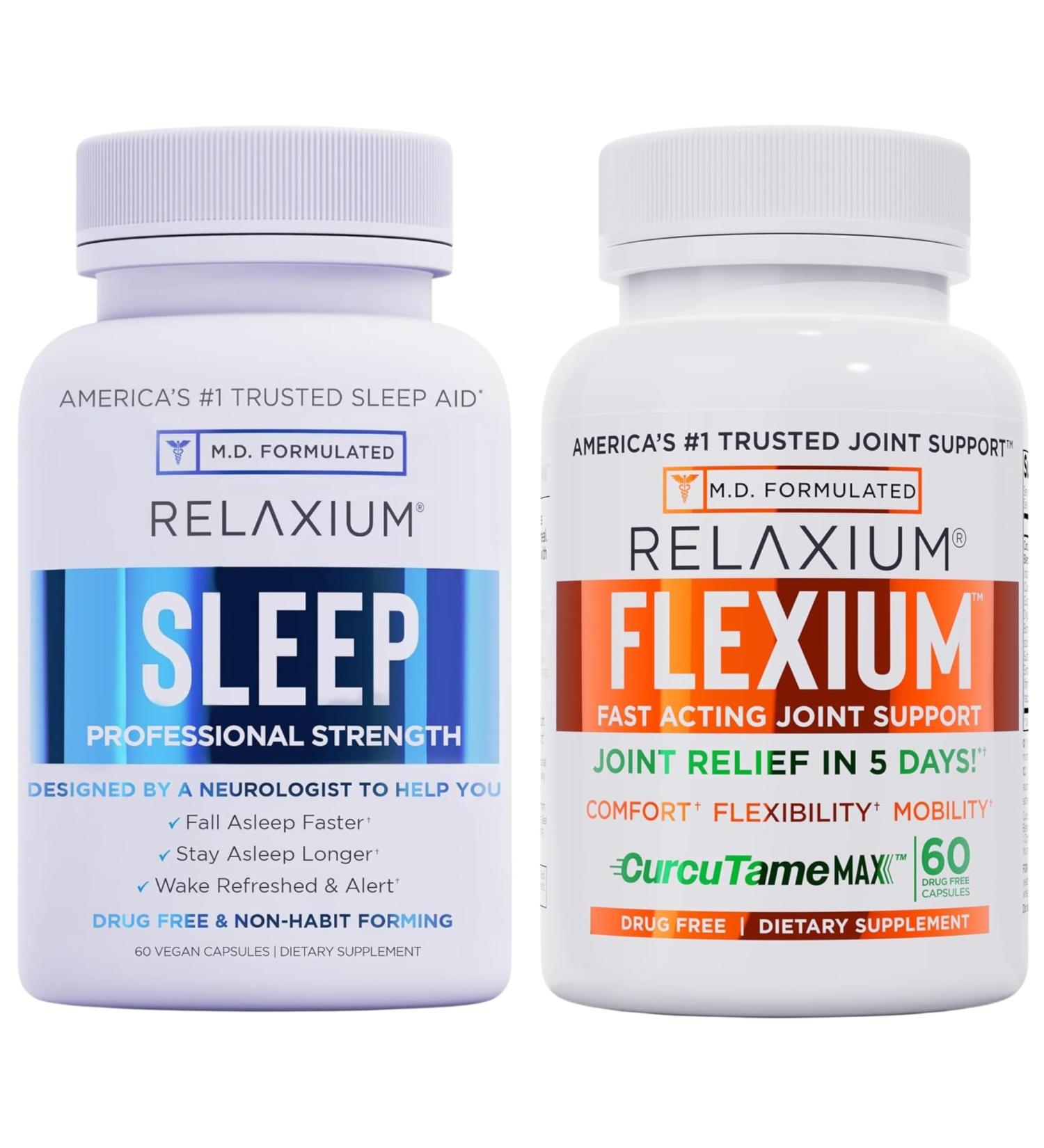 Relaxium Sleep & Joint Relief Bundle Melatonin & Ashwagandha Sleep Aid + CurcuTame & Glucosamine Chondroitin 60 Capsules Each Drug-Free Support for Sleep & Joint Health - Buy Online on GoSupps.com