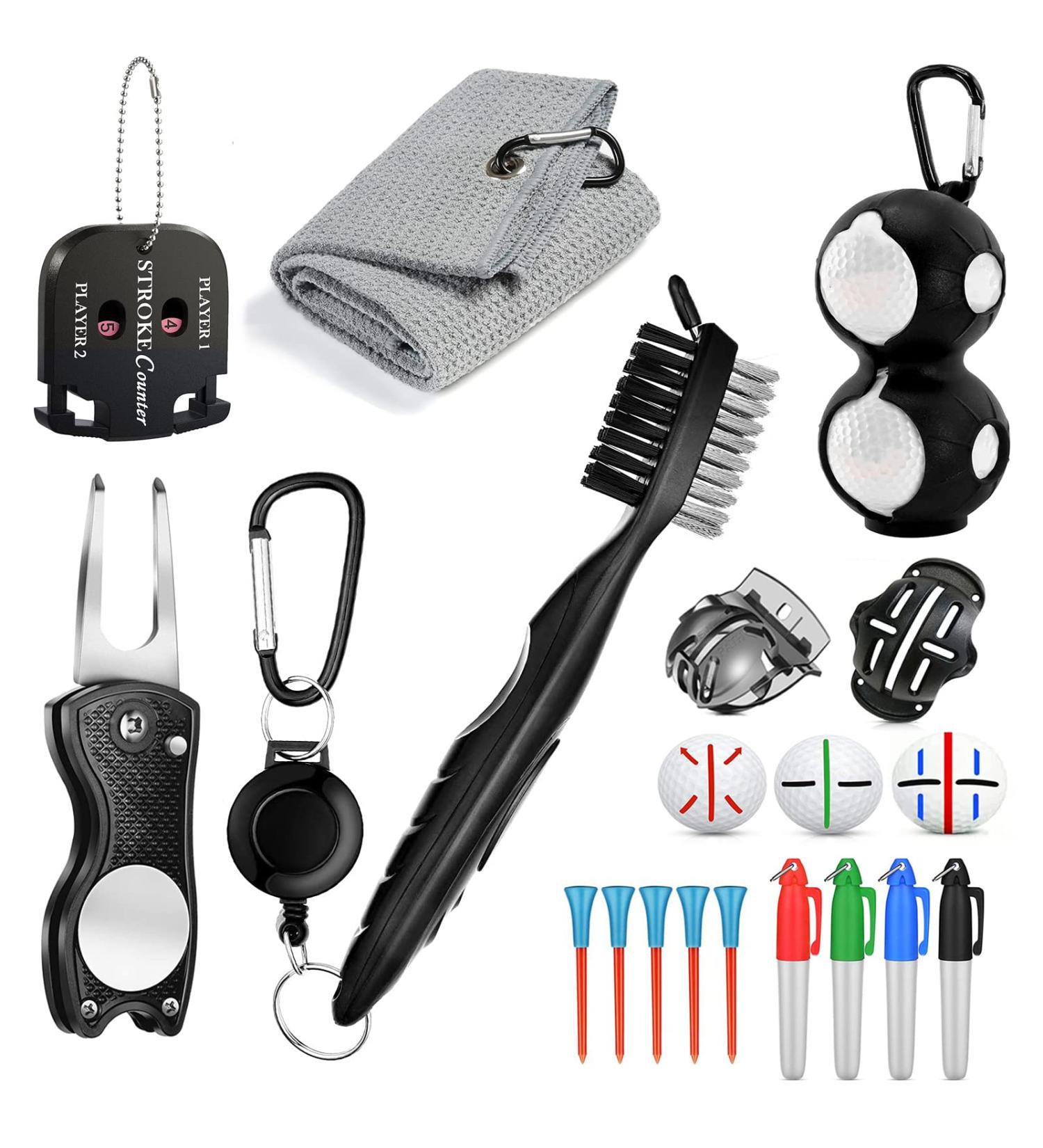 Golf Cleaning Kit - 16 in 1 Towel, Brush, Divot Repair Tool, Ball Alignment, Score Counter & More | Perfect Golf Gifts for Men or Women - Buy Online on GoSupps.com