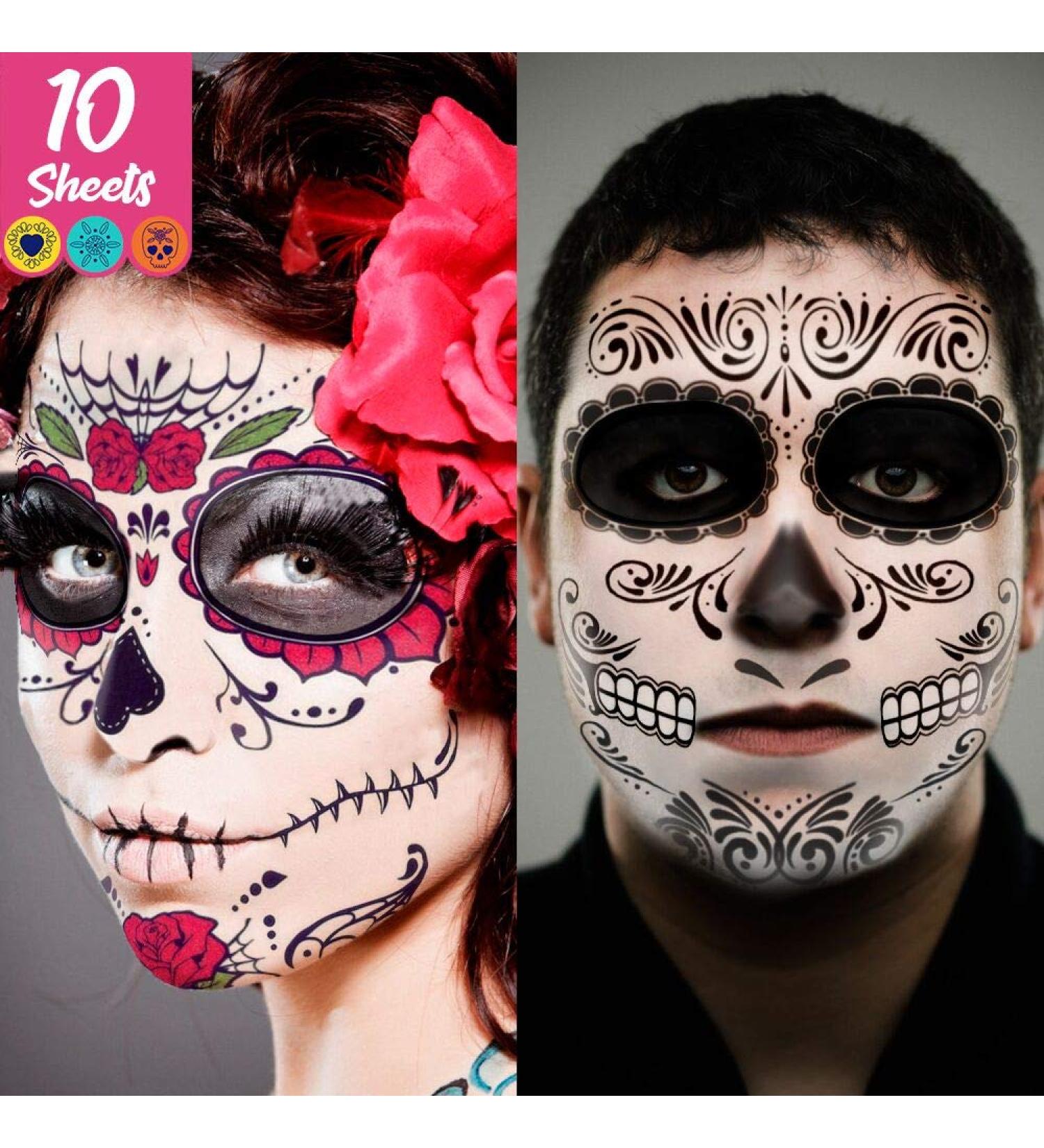 Day of the Dead Face Tattoo Kit with Skeleton Sugar Skull Makeup and Red Roses - Halloween Makeup Set for Dia de los Muertos - Temporary Glitter Skeleton Tattoos - Buy Online on GoSupps.com