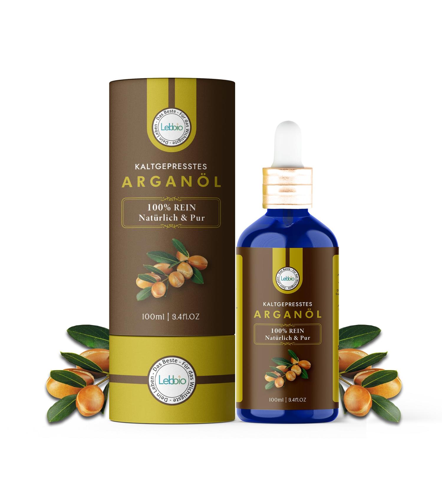 Lebbio Argan Oil 100ml - 100% Natural Cold-Pressed - Ideal for Face Body Hair Beard & Nails - Premium Moroccan Argan Oil in Glass Bottle with Pipette & Pump - Buy Online on GoSupps.com