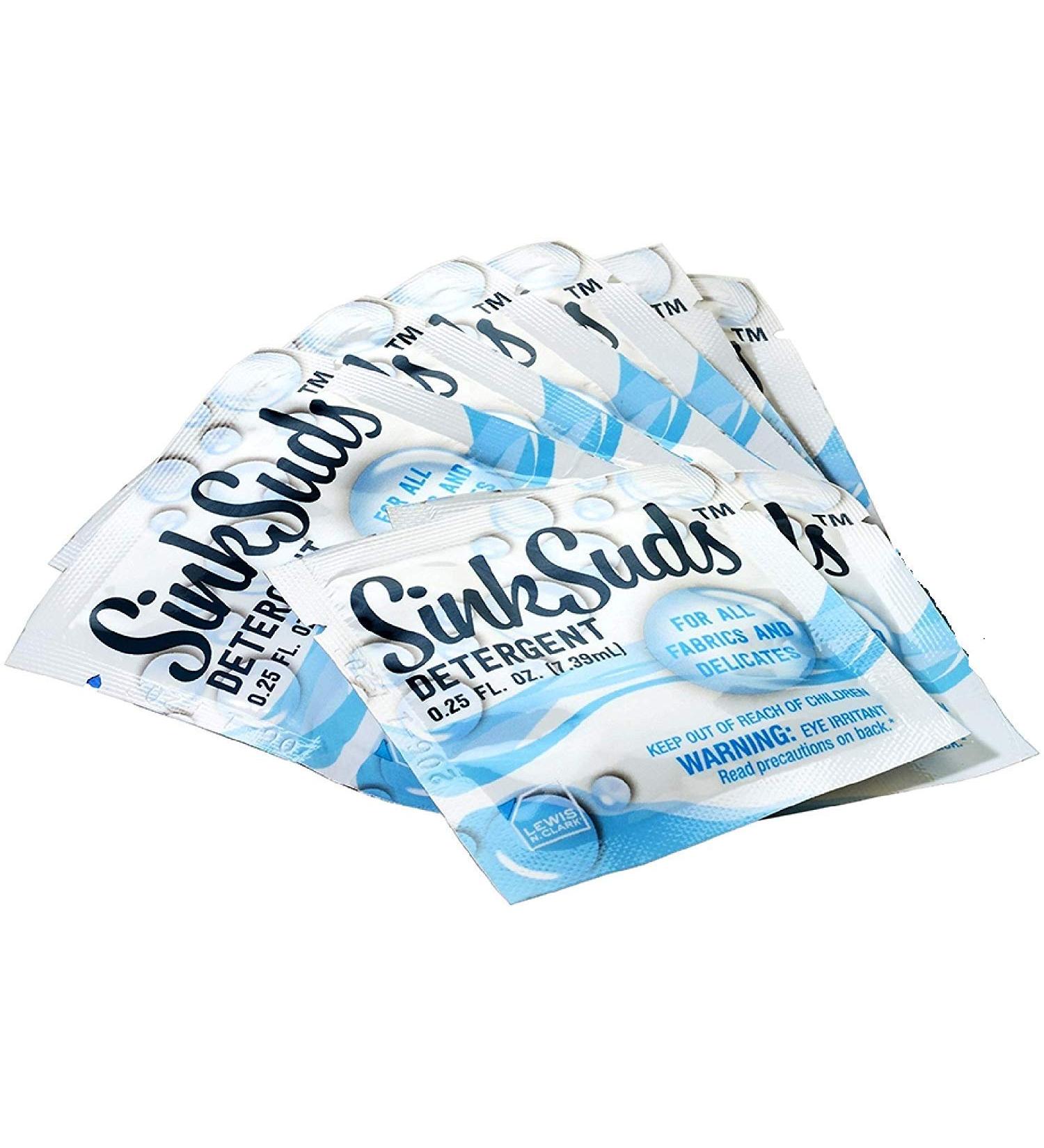 SinkSuds Travel Laundry Detergent Liquid Soap + Odor Eliminator - TSA Compliant (8 Sink-Packets, 0.25 fl oz each) - Buy Online on GoSupps.com