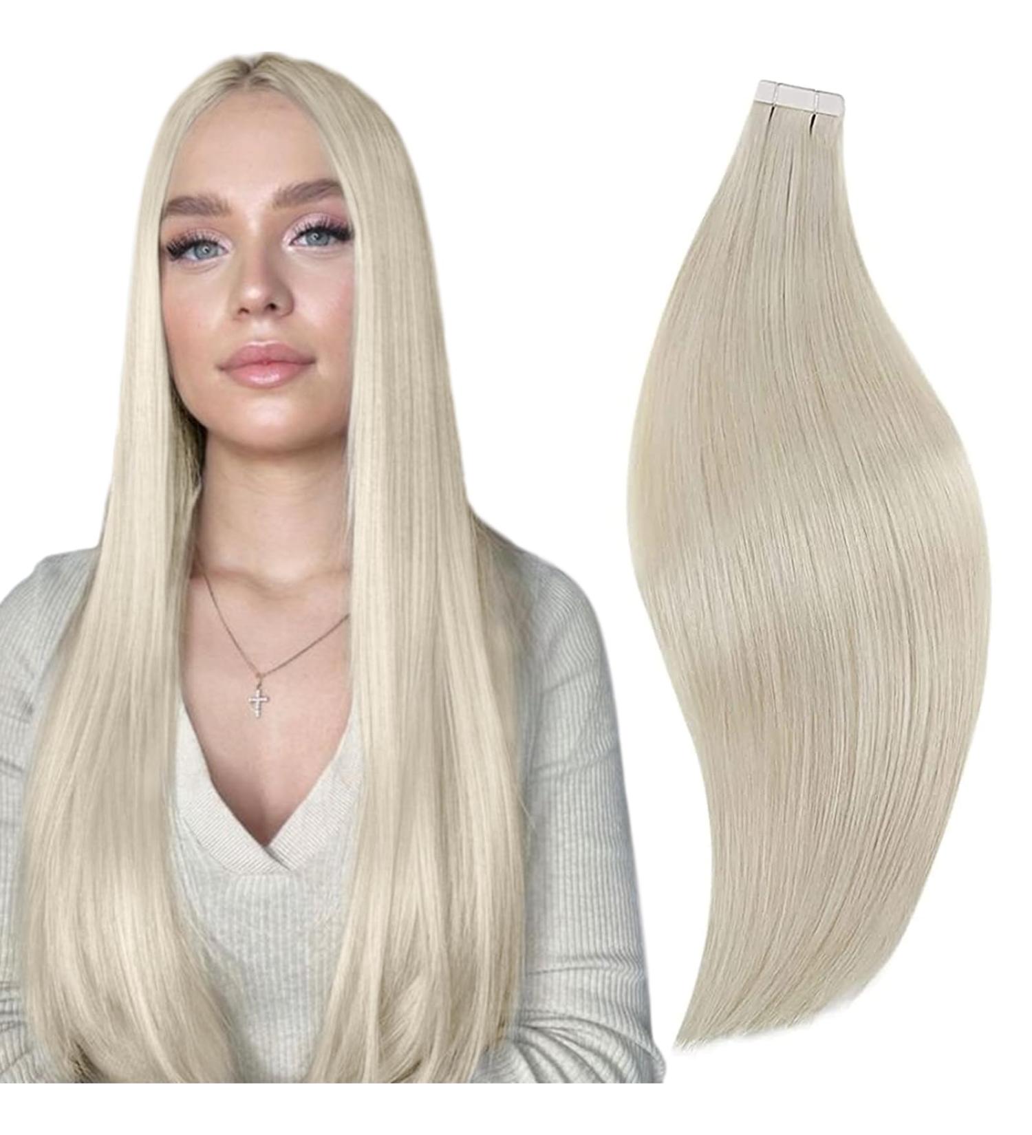 RUNATURE White Blonde Tape in Extensions, 16 Straight Remy Human Hair, Ice Blonde, 1-Tape, 50g - #800 - Buy Online on GoSupps.com