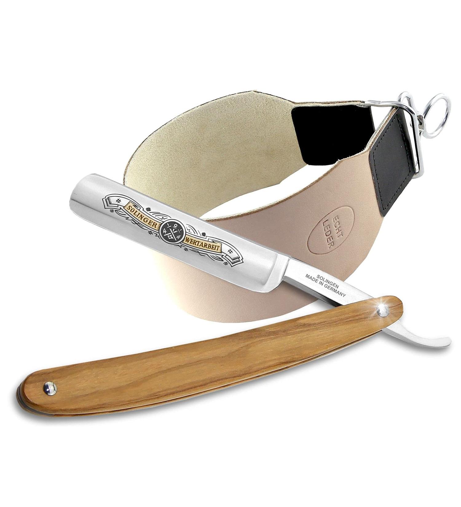 Razor Solingen Shaving Set with Extra Wide Leather Strap | Professional Olive Wood Beard Knife for Classic Wet Shave - Buy Online on GoSupps.com