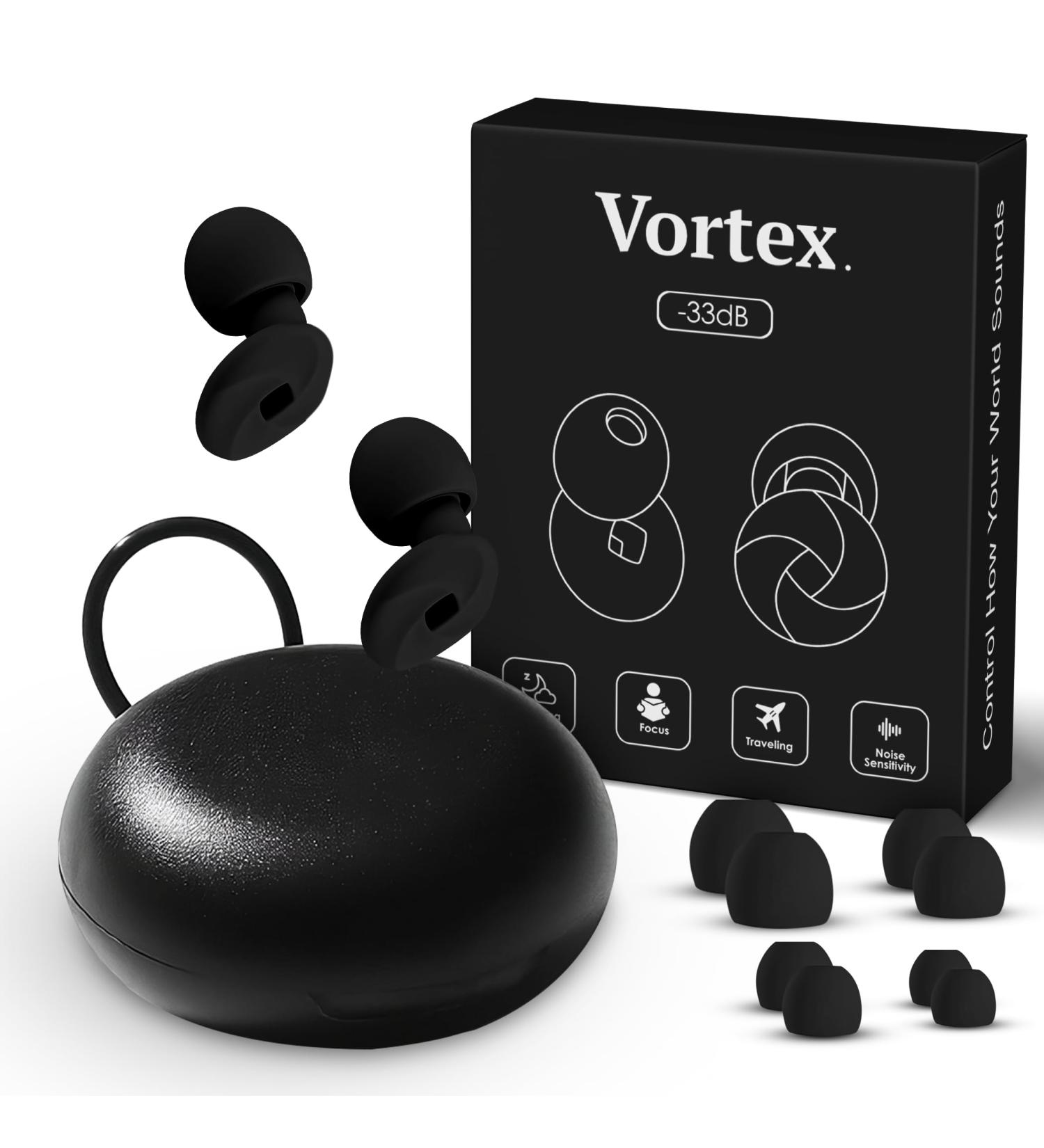 Vortex. Ear Plugs for Sleep Reusable Silicone Hearing Protection Noise Reduction for Sleeping 8 Ear Tips in XS/S/M/L 33db Noise Cancelling for Snoring Flights Concerts and Noise Sensitivity Black - Buy Online on GoSupps.com