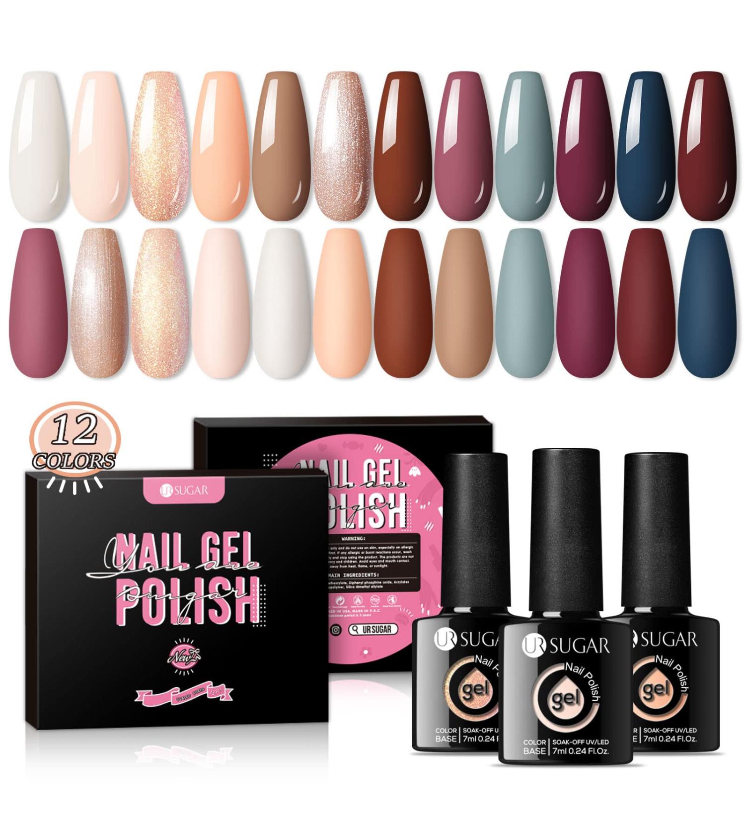 Buy Ur Sugar UV Nail Polish - 12 Colors Nude Pink Brown Glitter Gel Set for Nail Studios | Gift Box Manicure Set Perfect for Christmas - Buy Online on GoSupps.com