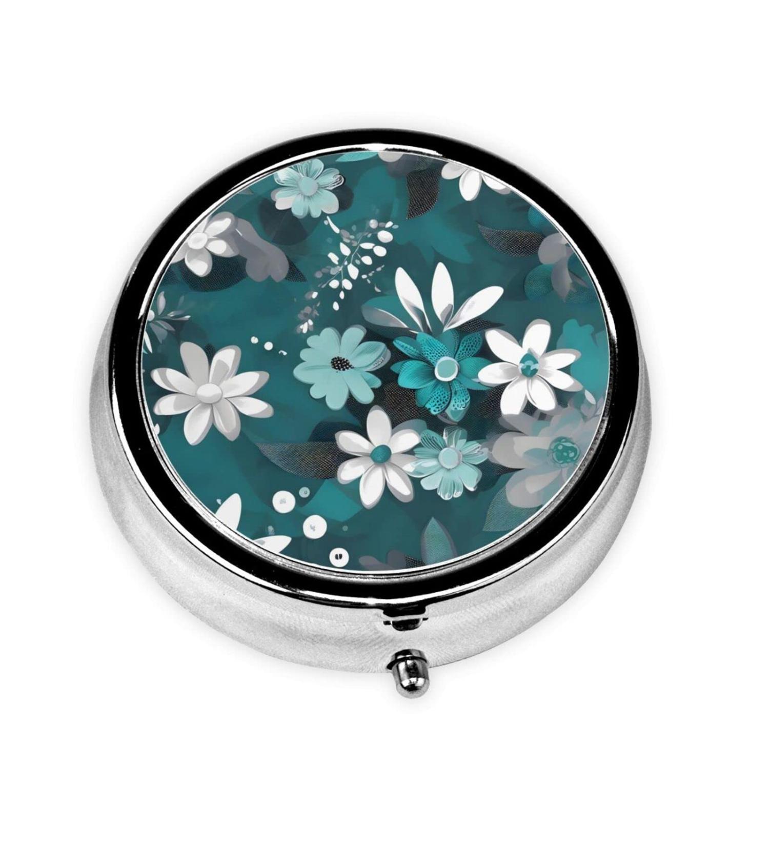 Teal Grey & White Floral Round Pill Box | 3 Compartment Portable Travel Organizer - Buy Online on GoSupps.com