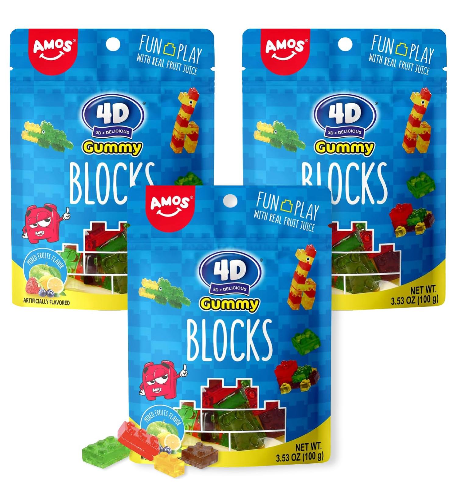 Buy 3x Amos 4D Gummy Blocks - Edible Building Blocks 100g | Perfect for Kids' Birthdays & Muffin Decoration - Buy Online on GoSupps.com