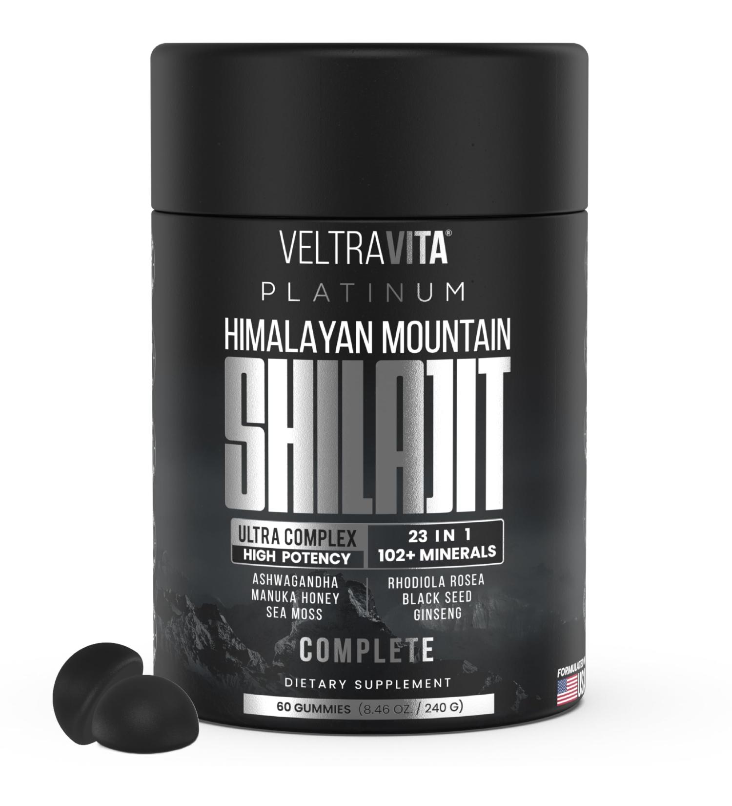 VeltraVita 28000 mg 23-in-1 Himalayan Shilajit for Men Ashwagandha Gummies Platinum Irish Sea Moss Gel Black Seed Oil Manuka Honey Medical Grade Tongkat Ali Rhodiola Rosea No Sugar Lab Test - Buy Online on GoSupps.com