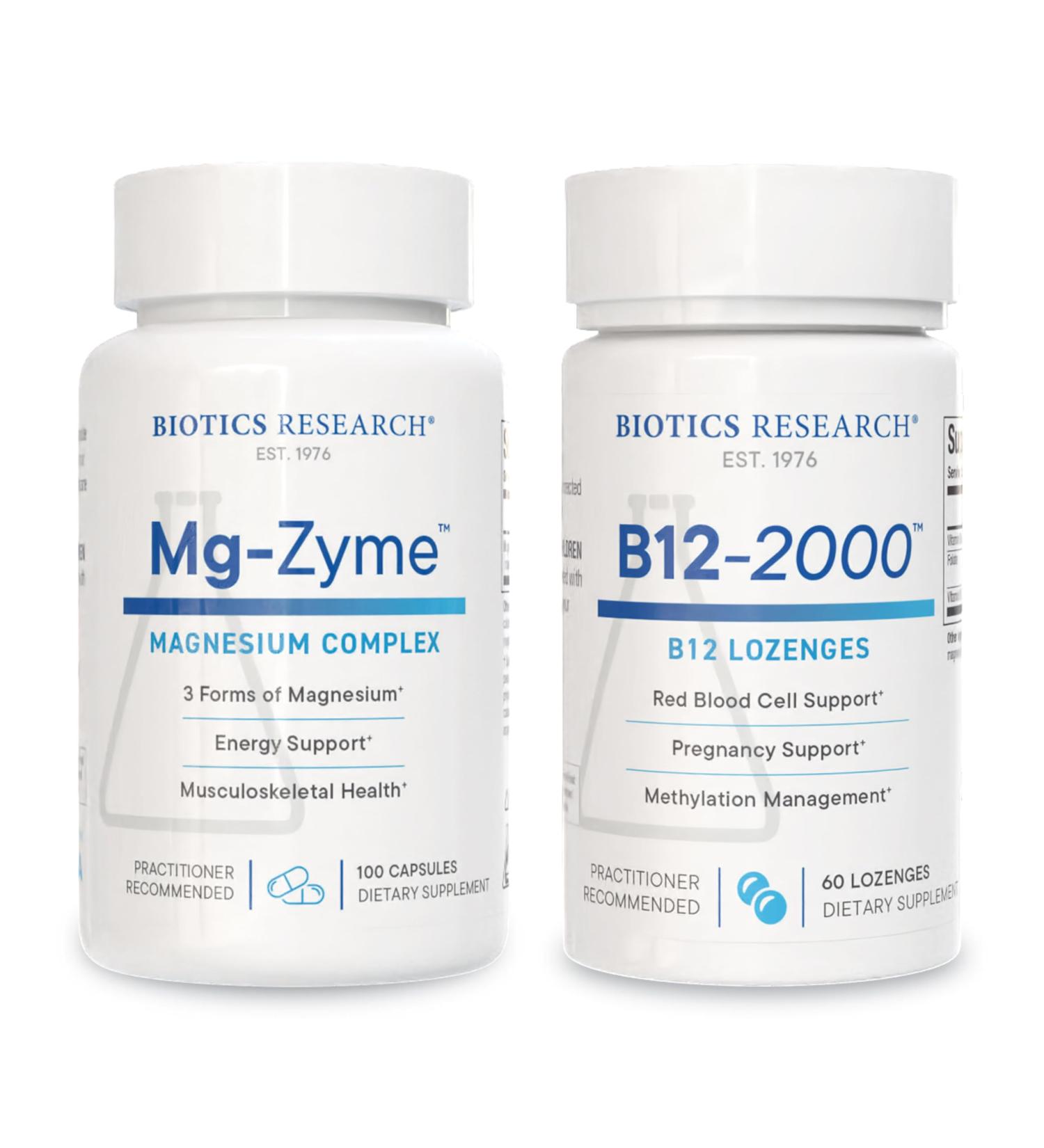 Biotics Research Mg-Zyme Triple Magnesium Complex for Sleep Relaxation & Bone Health + B12-2000 Vitamin B12 B6 & Folate for Energy & Methylation Support 100 Caps & 60 Lozenges - Buy Online on GoSupps.com