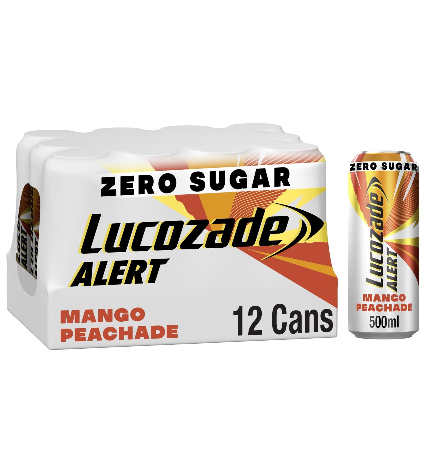  Lucozade Lucozade Alert Mango Peachade Pack of 12 x 500ml cans sugar-free high-caffeine energy drink great taste contains vitamin B3 to help reduce fatigue completely - Buy Online on GoSupps.com