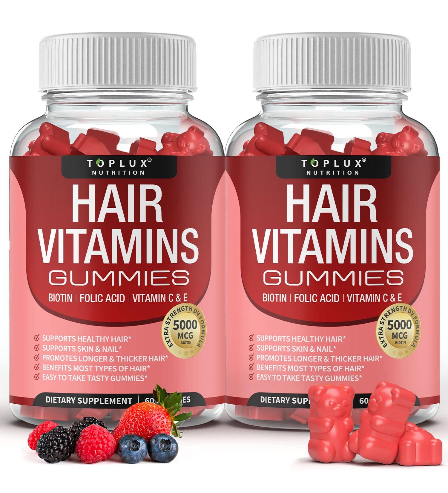 Hair Vitamins Gummies Supplement Faster Hair Growth Gummy 5000mcg Biotin Folic Acid Vitamin C & E Support Stronger & Thicker Hair Skin Nails Non-GMO for Men Women 60 Berry Flavored Gummies Two - Buy Online on GoSupps.com