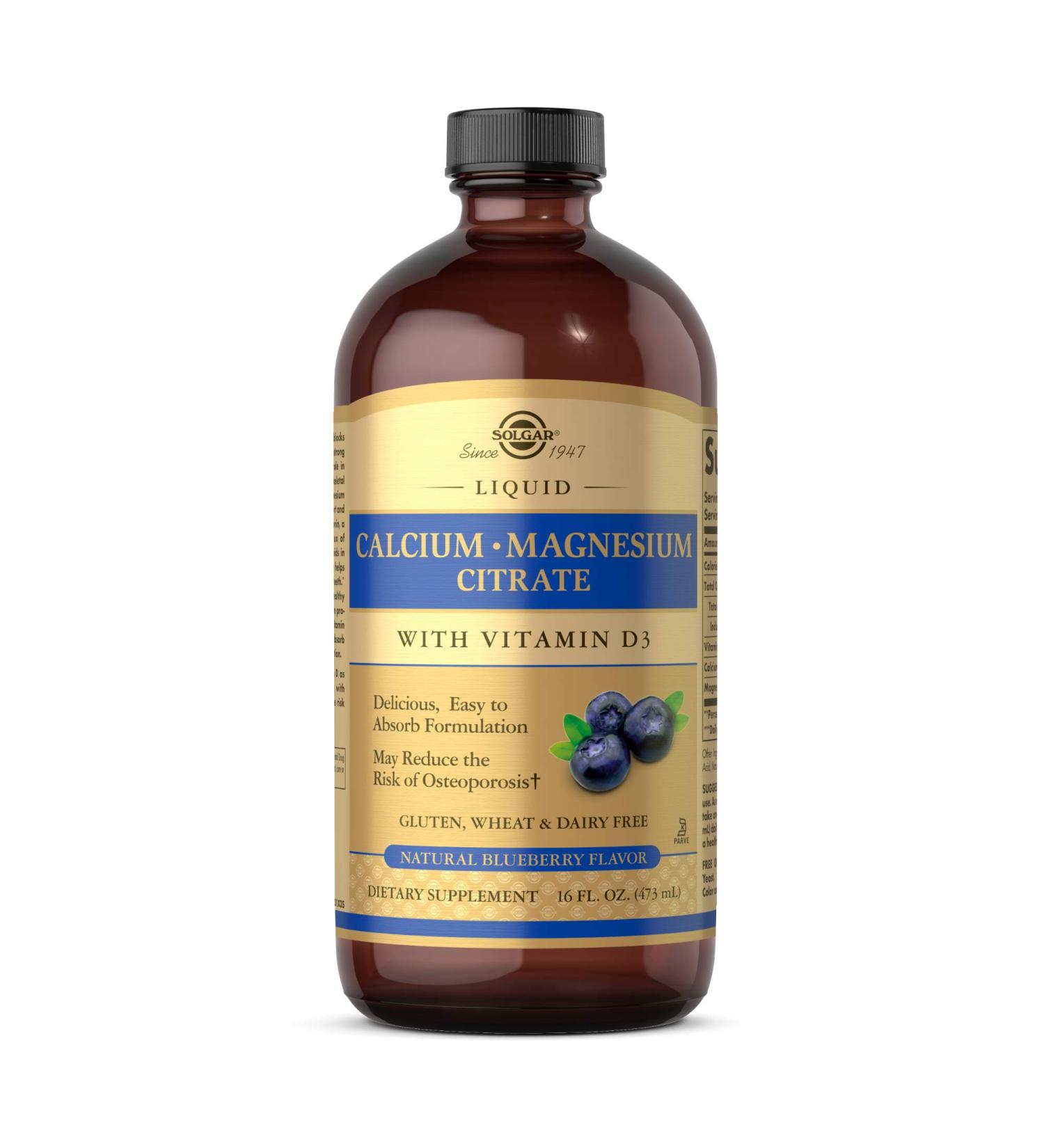 Solgar Liquid Calcium Magnesium Citrate with Vitamin D3 16 oz - Blueberry Flavor | Supports Bone & Teeth Health | Gluten-Free, Dairy-Free, Kosher - Buy Online on GoSupps.com