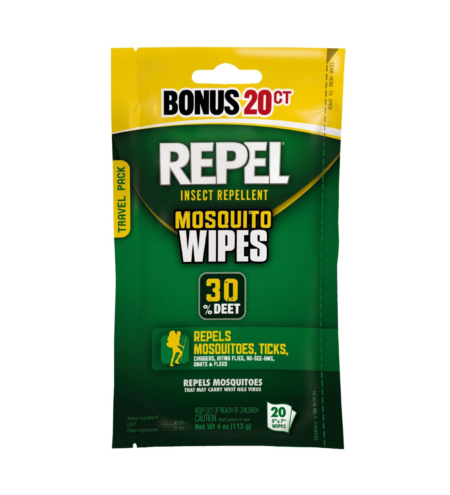 Repel Insect Repellent Mosquito Wipes | 30% DEET | 20-Count - Effective Bug Protection for Outdoor Adventures - Buy Online on GoSupps.com