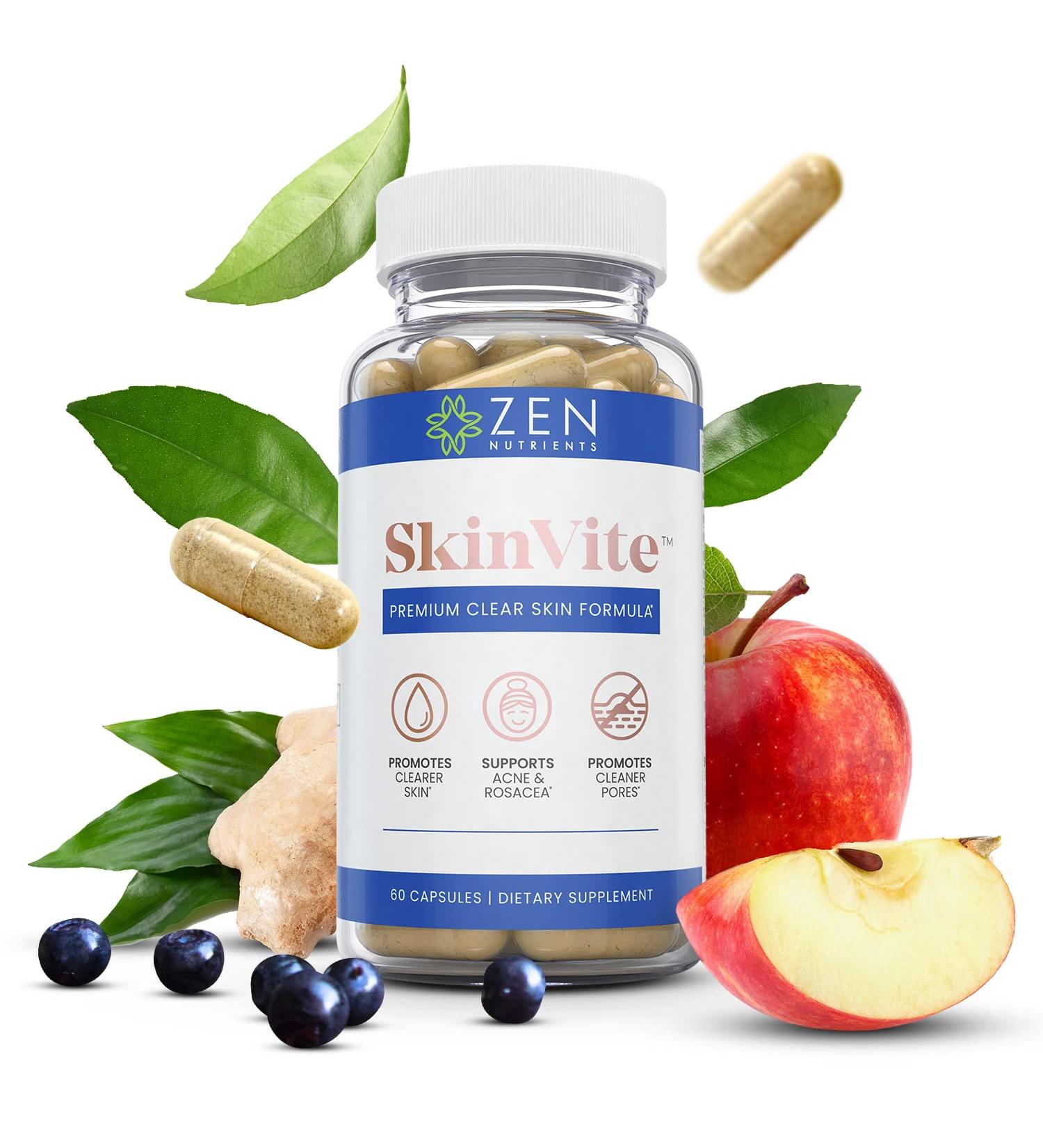 Zen Nutrients SkinVite Acne Eczema Psoriasis Rosacea Treatment - Clear Skin Probiotics & Hormonal Acne Supplement for Men, Women, Teens - 60 Count - Buy Online on GoSupps.com