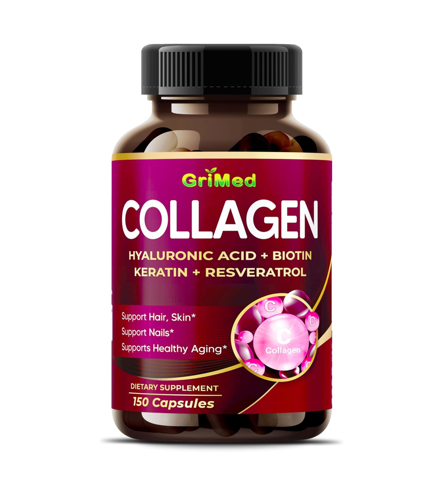 GriMed Organic Collagen 6 419 mg with Hyaluronic Acid Biotin Keratin Resveratrol Hair Skin Nails Vitamins (150 Count (Pack of 1)) - Buy Online on GoSupps.com