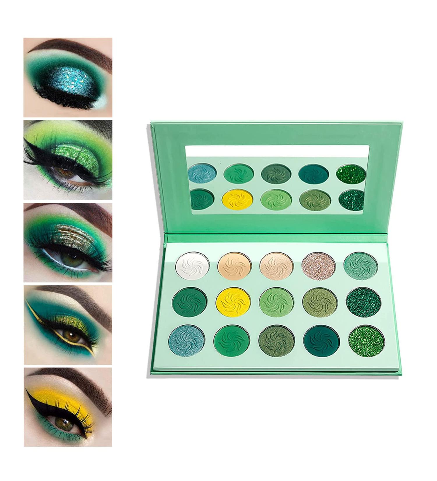 CAHIUYOA Green Eyeshadow Palette - 15 Shades of Forest Emerald Green & Yellow Glitter Makeup for Long-Lasting, Colorful Eye Looks - Matte & Glitter Formulas for Women & Girls - Buy Online on GoSupps.com
