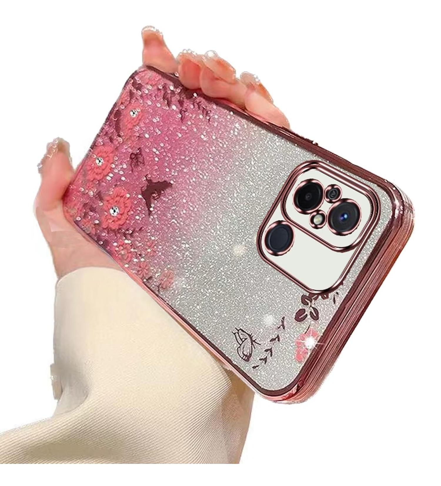 Tivenfezk Glitter Diamond Case for Xiaomi Redmi 12C | Sparkle Flower Butterfly Soft Silicone Cover | Rhinestone Protective Case in Pink - Buy Online on GoSupps.com