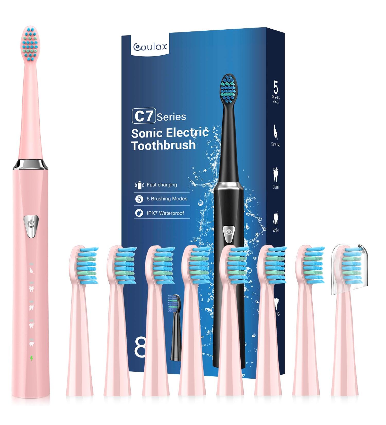 Sonic Electric Toothbrush for Adults and Kids - Rechargeable with 8 Brush Heads, 120 Days of Use, 3-Hour Fast Charge, 5 Modes, Timer - Pink - Buy Online on GoSupps.com