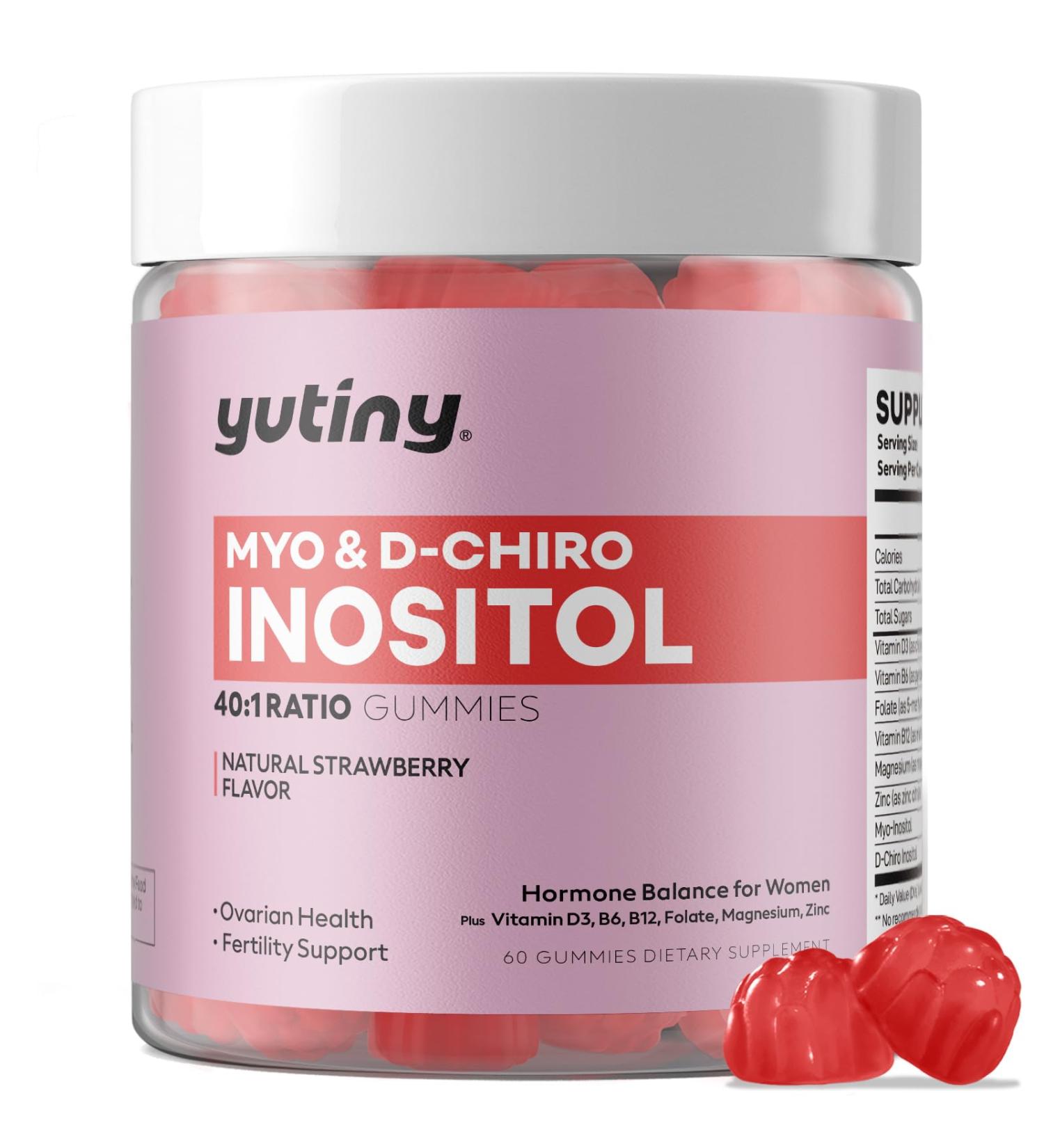 Yutiny Myo-Inositol & D-Chiro Inositol Gummies Vitamin B6 B12 & Folate for Women Vegan Sugar Free Strawberry Flavor 60 Count - Buy Online on GoSupps.com