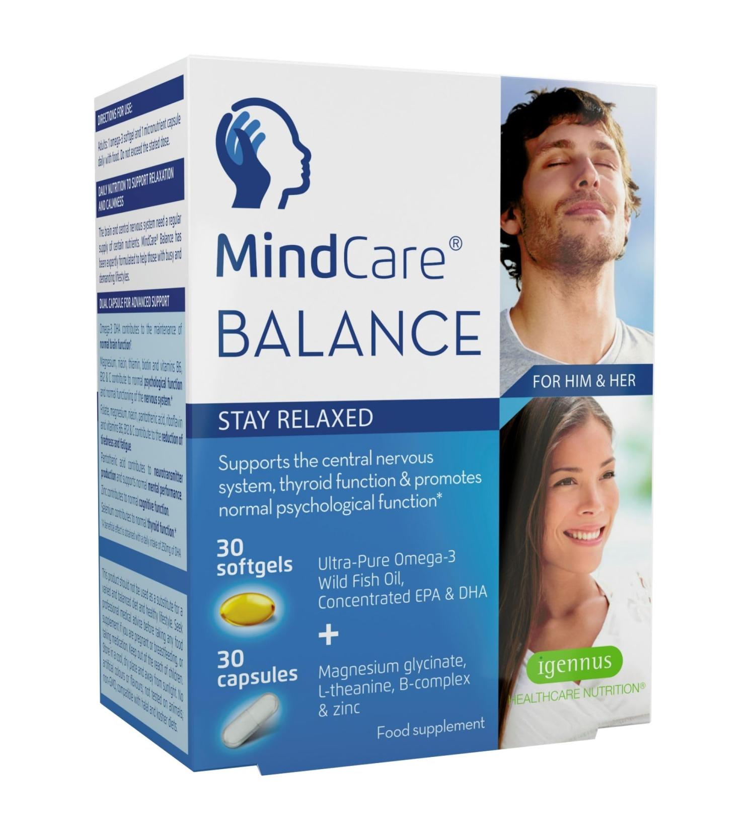 MindCare Balance Calming Supplement with Magnesium, L-Theanine, Omega-3 & B-Vitamins - 60 Capsules - Buy Online on GoSupps.com