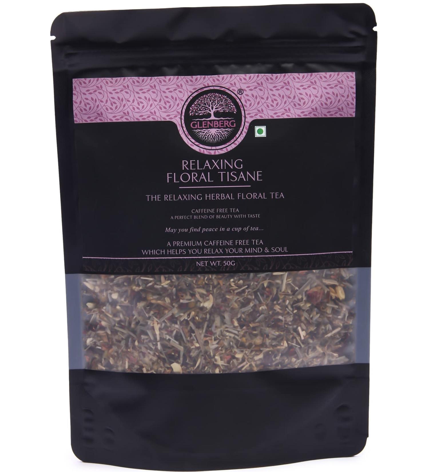 GLENBERG | RELAXING FLORAL TISANE | Caffeine Free Floral Tea for Relaxing with Chamomile Hibiscus Rooibos Lemongrass Jasmine and other flowers (50 Grams | 25 Cups) - Buy Online on GoSupps.com