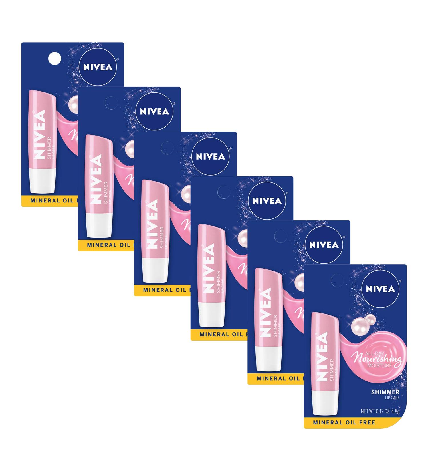 NIVEA Shimmer Lip Care - Pearly Shimmer 4.8g Stick Pack of 6 | Moisturizing Lip Balm with Pearl & Silk Extracts, Shea Butter, Jojoba Oil | Long-Lasting Lip Hydration - Buy Online on GoSupps.com