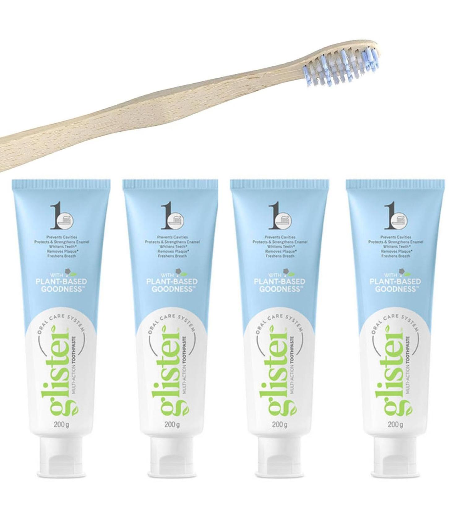 HOPS Dental Care Set - Vegan Bamboo Toothbrush & 4x Glister Toothpaste 151ml | International Shipping Available - Buy Online on GoSupps.com