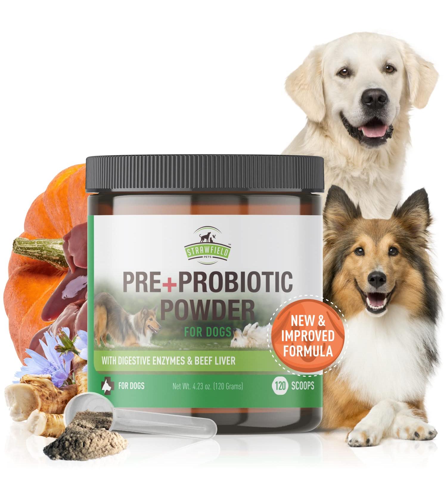 Probiotics for Dogs - 5 Billion CFU's Digestive Enzymes Prebiotics - Dog Allergies Diarrhea Bad Dog Breath Constipation Gas Yeast Hot Spots - Powder Supplement - 120 Grams - Strawfield Pets - Buy Online on GoSupps.com