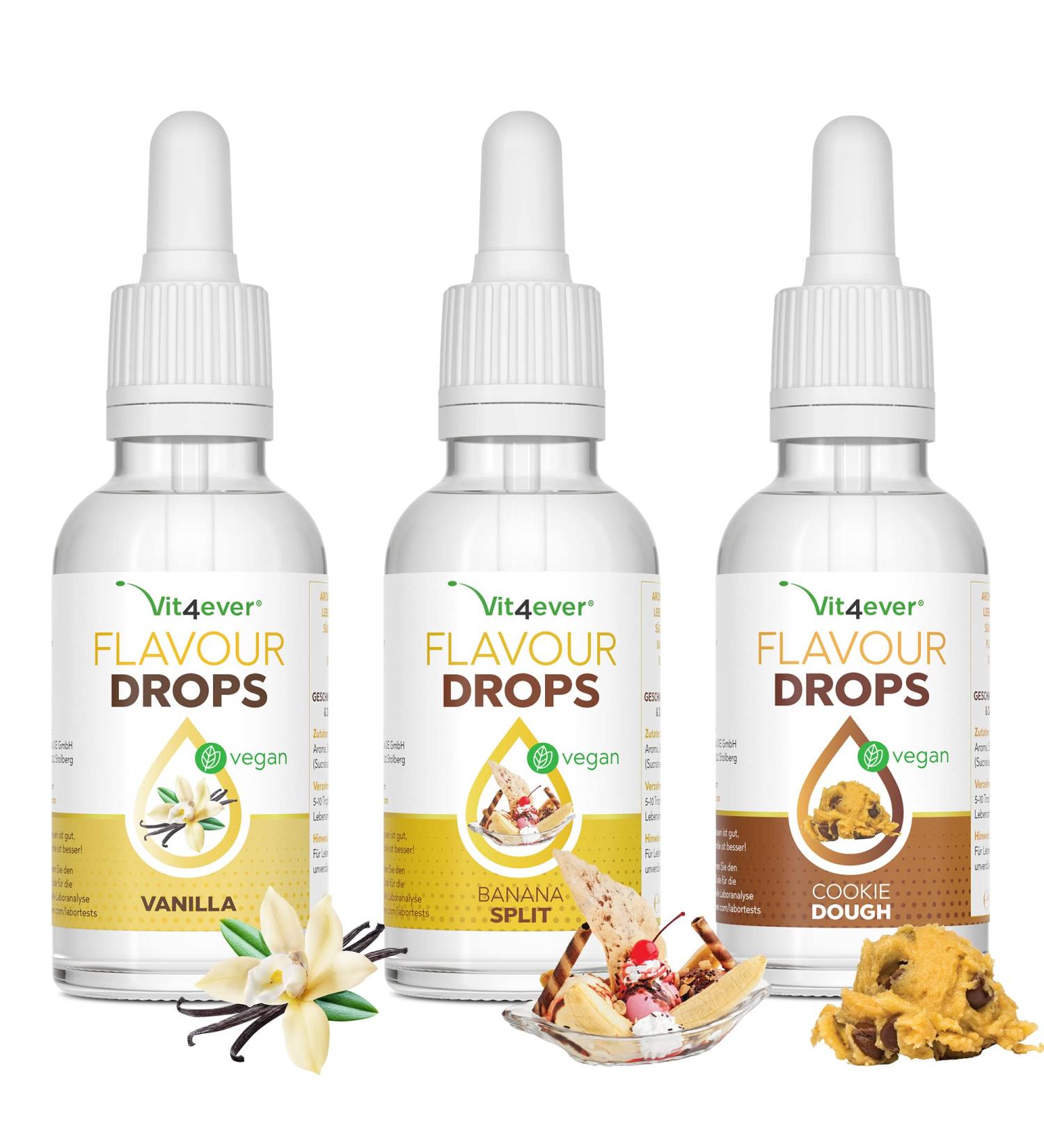 Buy Flavor Drops 3x50ml Bundle - Zero Calorie Taste (Vanilla Banana Split Cookie Dough) - Flavdrops Basic 1 3-Pack for Delicious Flavoring - Buy Online on GoSupps.com