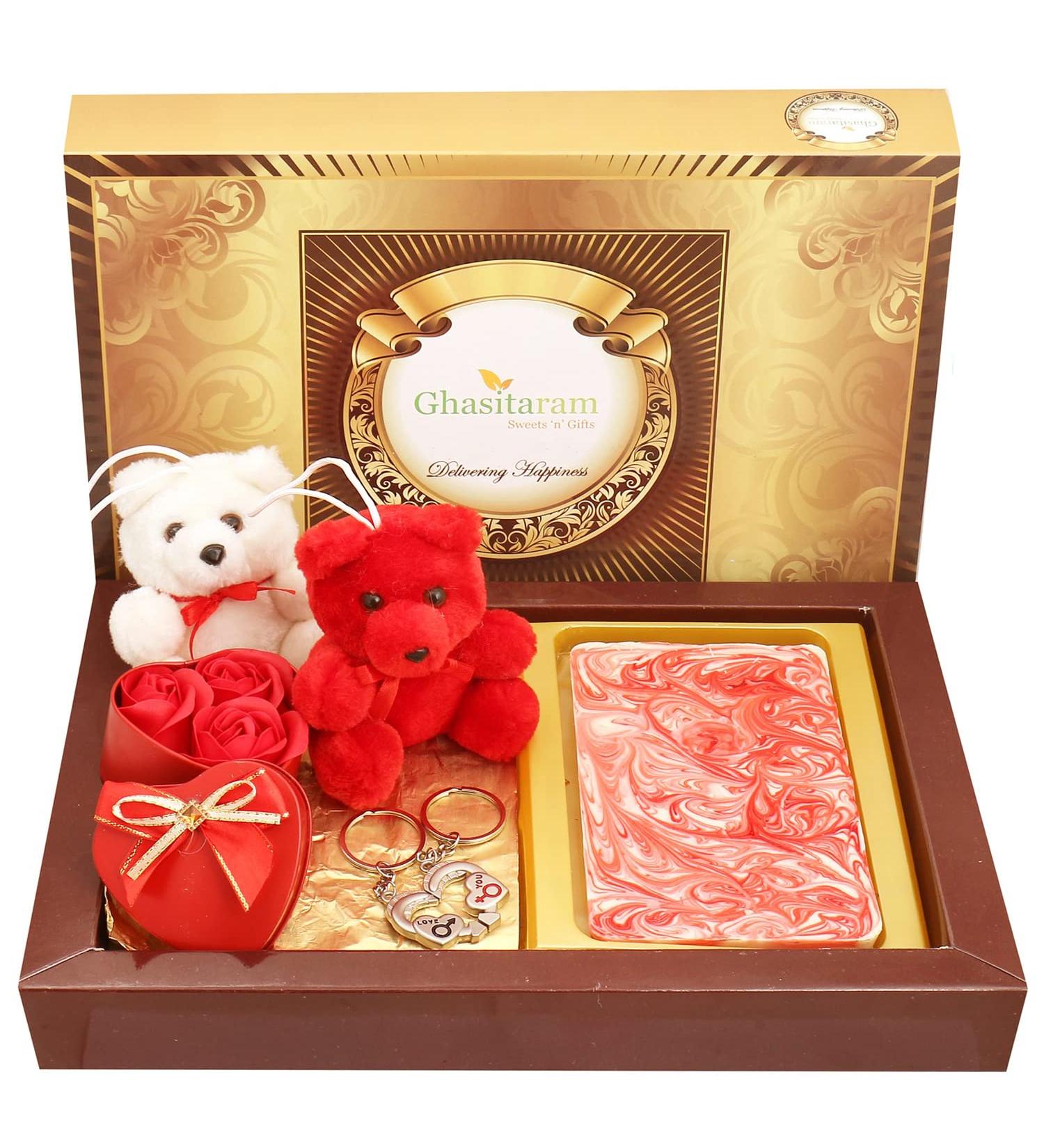 Ghasitaram Gifts Valentines Gift Valentines Day Chocolates for Girlfriend/Boyfriend/Husband and Wife Valentines Chocolate Hamper Marble Chocolate Bark Big with Teddies Keychain Set and Small Roses Heart Box - Buy Online on GoSupps.com