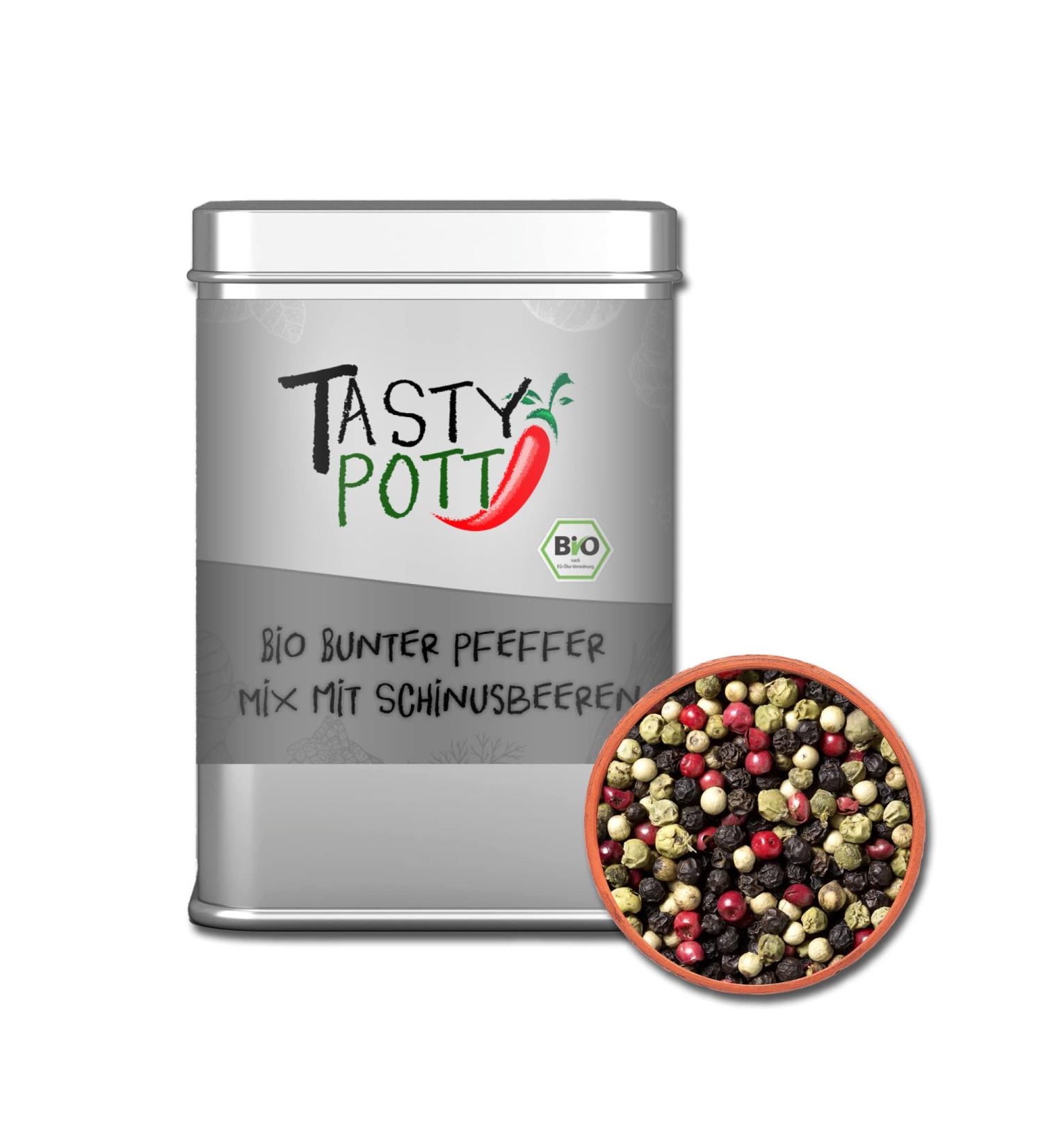 Jeske Sports Supplies Tasty Pott Organic colorful pepper mix with schinus berries black pepper white pepper green pepper peppercorns peppercorns in a can 60 g - Buy Online on GoSupps.com