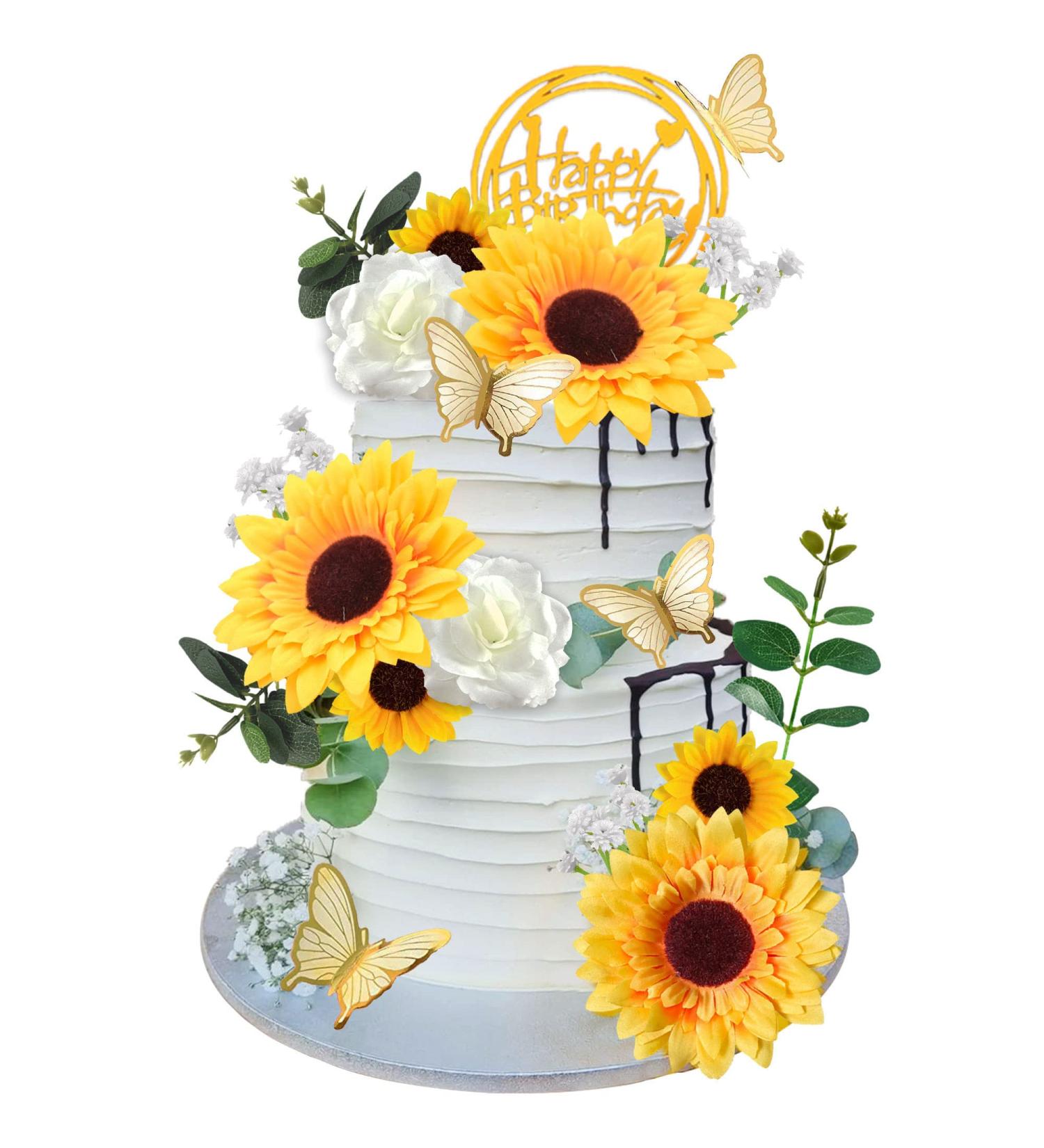 Sunflower Rose Flower Cake Decorations Butterfly Cake Topper with Artificial Eucalyptus and Happy Birthday Topper for Summer Sunflower Wedding Party Decorations Baby Shower Supplies (Sunflower) - Buy Online on GoSupps.com