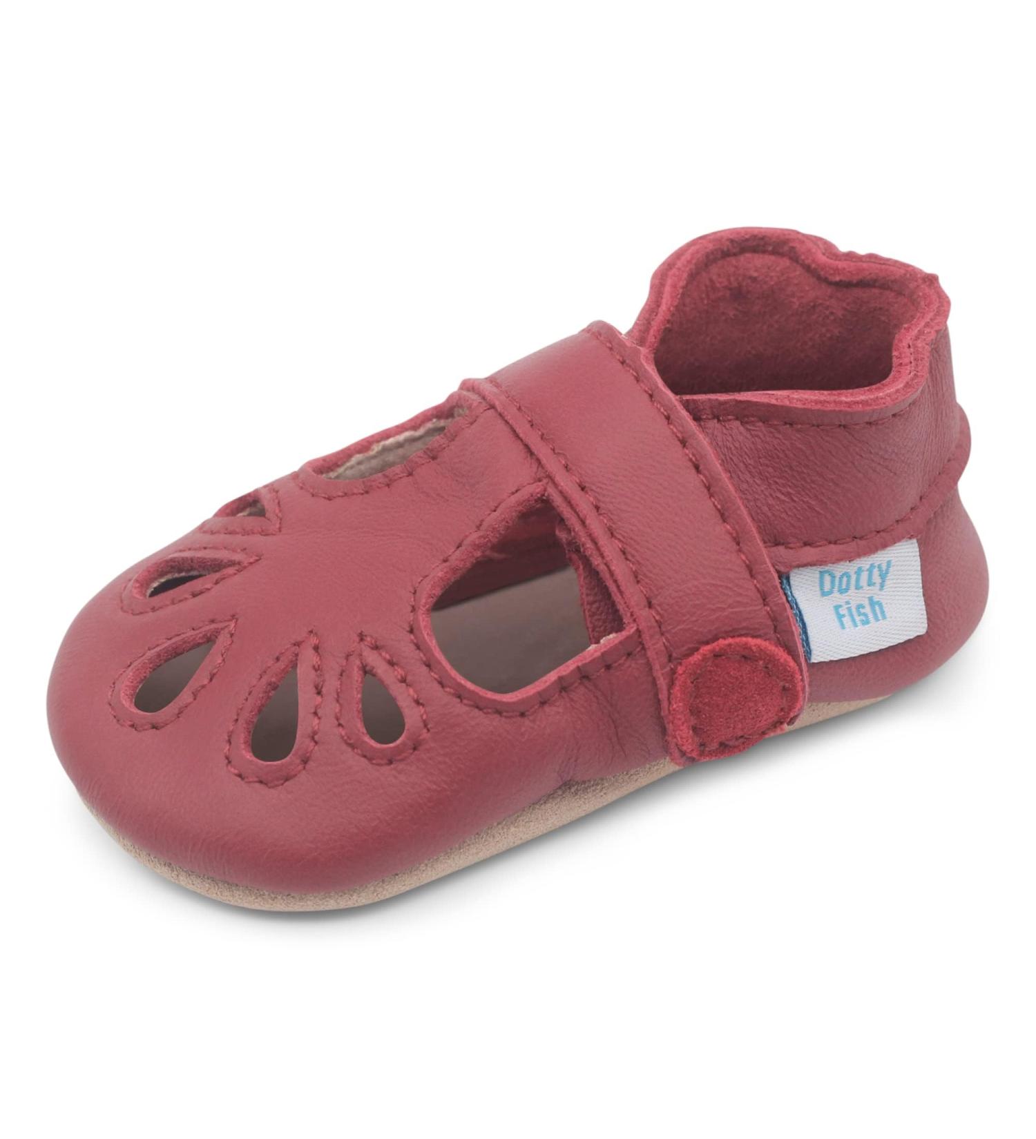 Dotty Fish Soft Leather Baby T-Bar Shoes for Girls | Non-Slip Suede Soles | Red | 2-3 Years - Buy Online on GoSupps.com