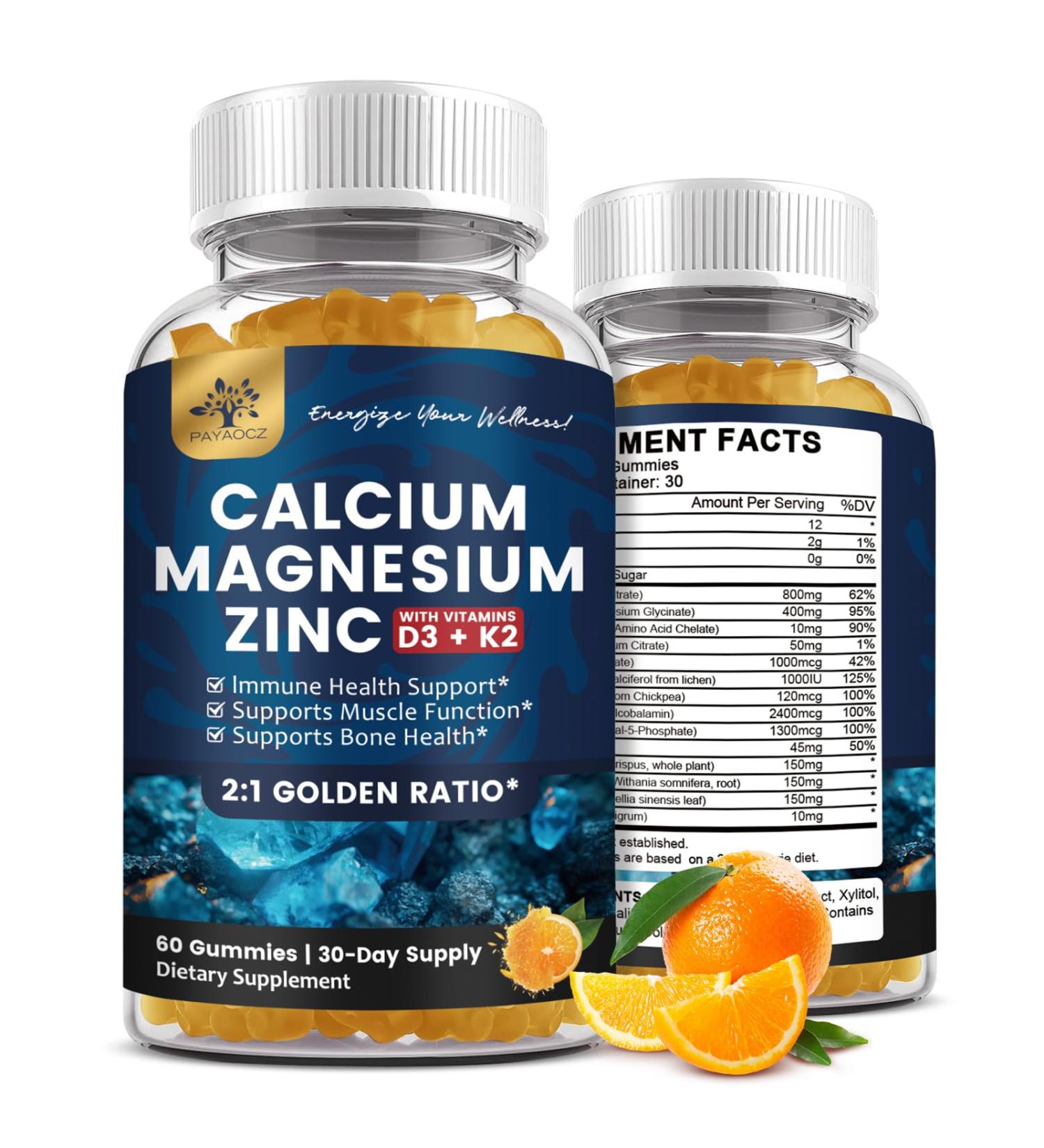 (2 Pack) Calcium Magnesium Zinc Gummies with Vitamin D3 K2 B12 & B6 for Adults Sugar Free Magnesium Glycinate with Potassium Sea Moss Supplement Calcium Citrate for Bone Mood & Sleep Support - Buy Online on GoSupps.com