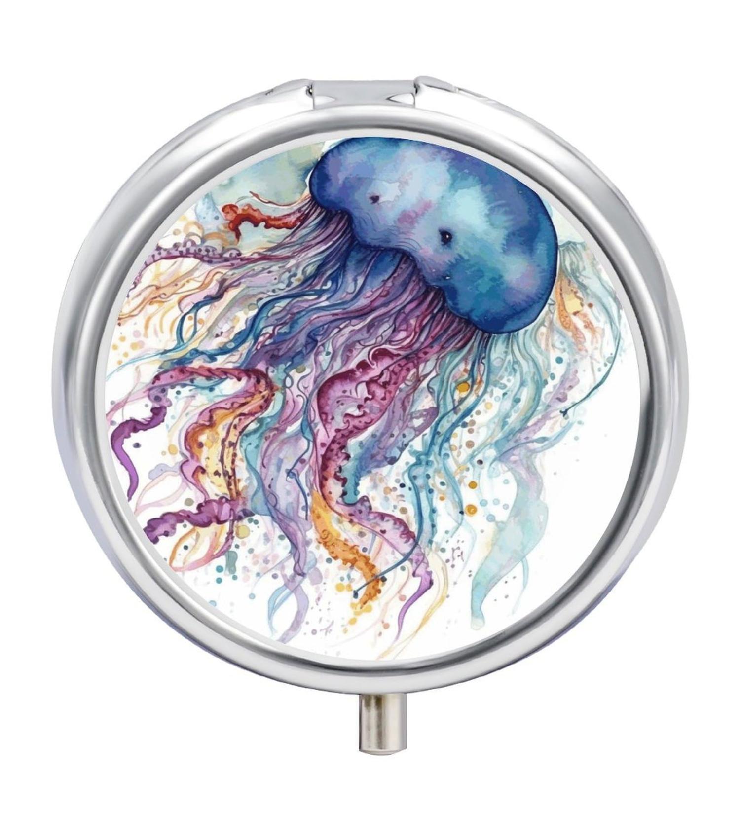 Round Pill Box | Watercolor Jellyfish Print | 3 Compartment Metal Pill Organizer | Portable & Decorative Travel Case | Style-8 - Buy Online on GoSupps.com