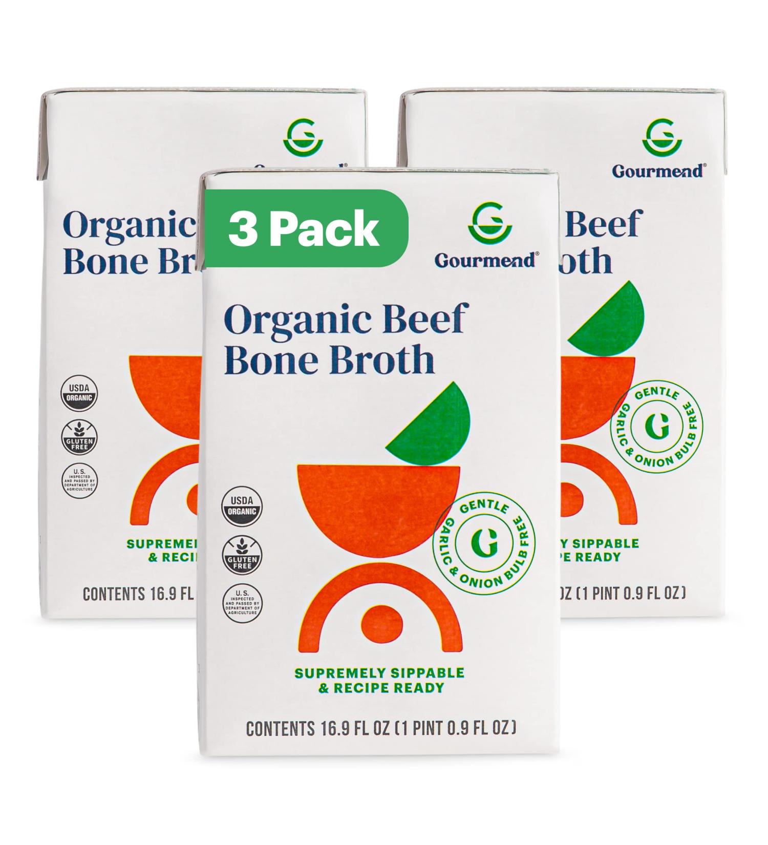 Gourmend Foods Organic Beef Broth | Low FODMAP Certified | Deliciously Digestible  Gut Friendly  IBS Friendly | Onion & Garlic Bulb Free | Unsalted  No Fillers or Preservatives | 16.9 Ounce (Pack of 3) 3 Pack - Buy Online on GoSupps.com