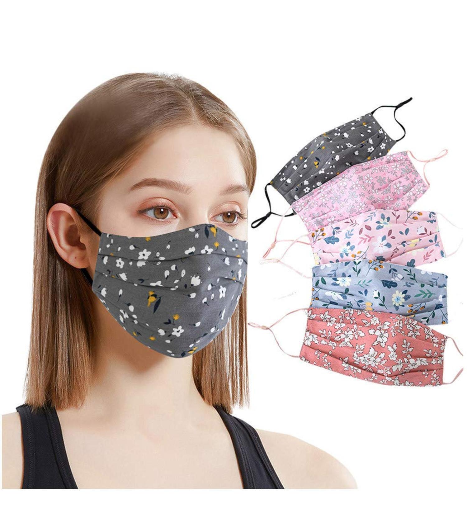 5/8PCS Women Cute Face_Protection_Mask Adult Girls Floral Print Design Adjustable Earloops Cotton Washable Skin Care 5pcs-a - Buy Online on GoSupps.com