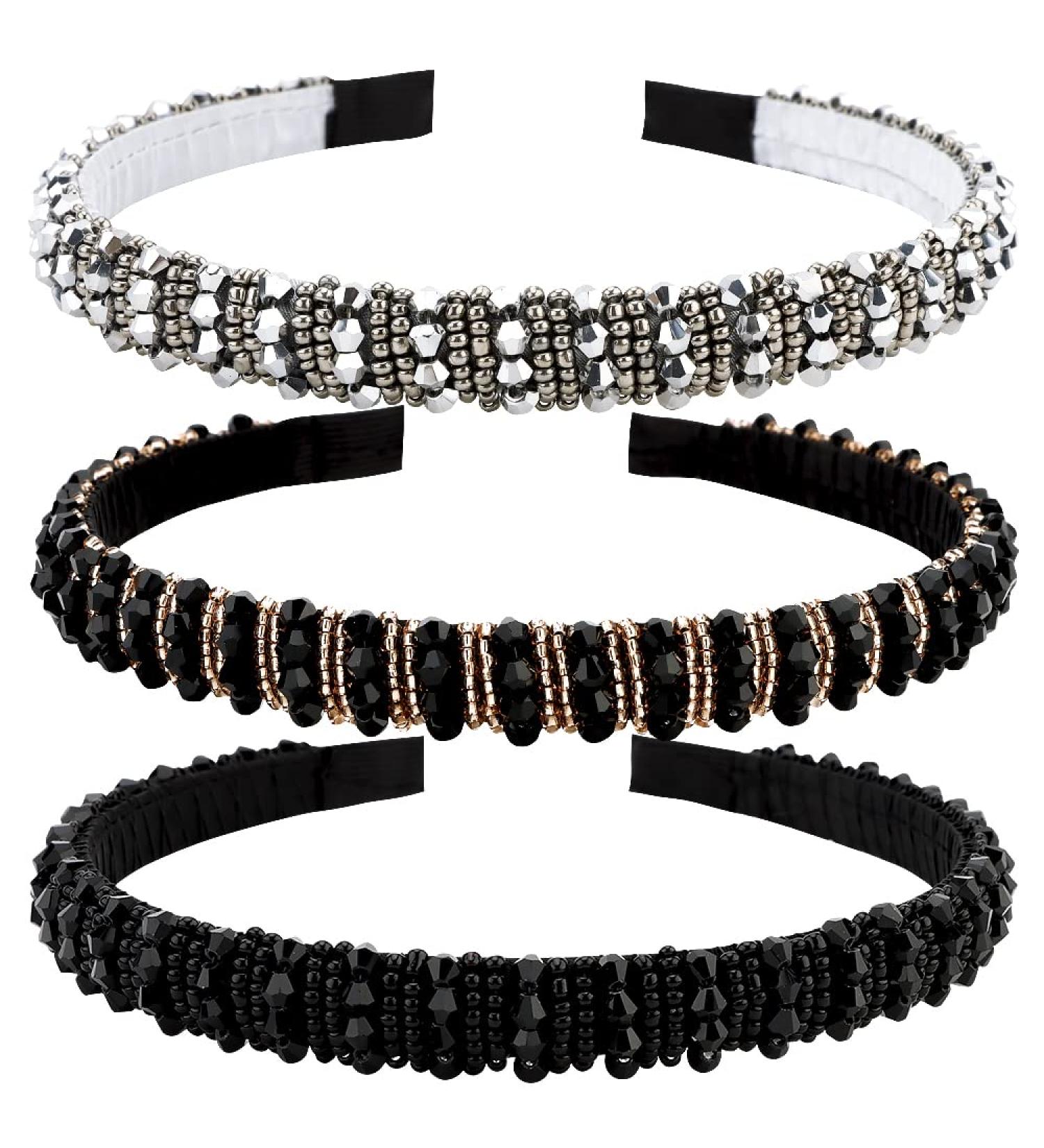 ANBALA Beaded Jeweled Headbands - Crystal Rhinestone Diamond Thin Hair Bling Sparkle Headbands for Women Girls (Black Silver Gold) - Buy Online on GoSupps.com