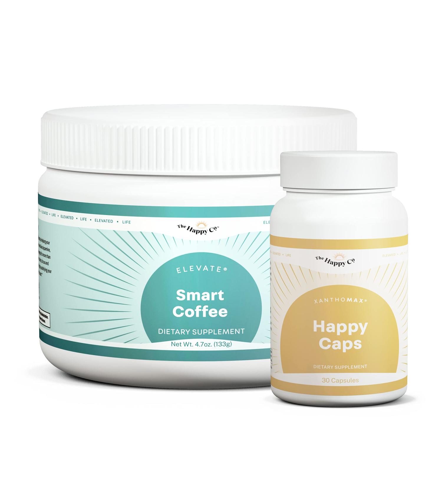 The Happy Co. D.O.S.E. Coffee Duo - Elevate Smart Coffee & XanthoMax Happy Caps - Nootropic & Antioxidant Supplement for Weight Loss & Energy - 30 Servings - Buy Online on GoSupps.com