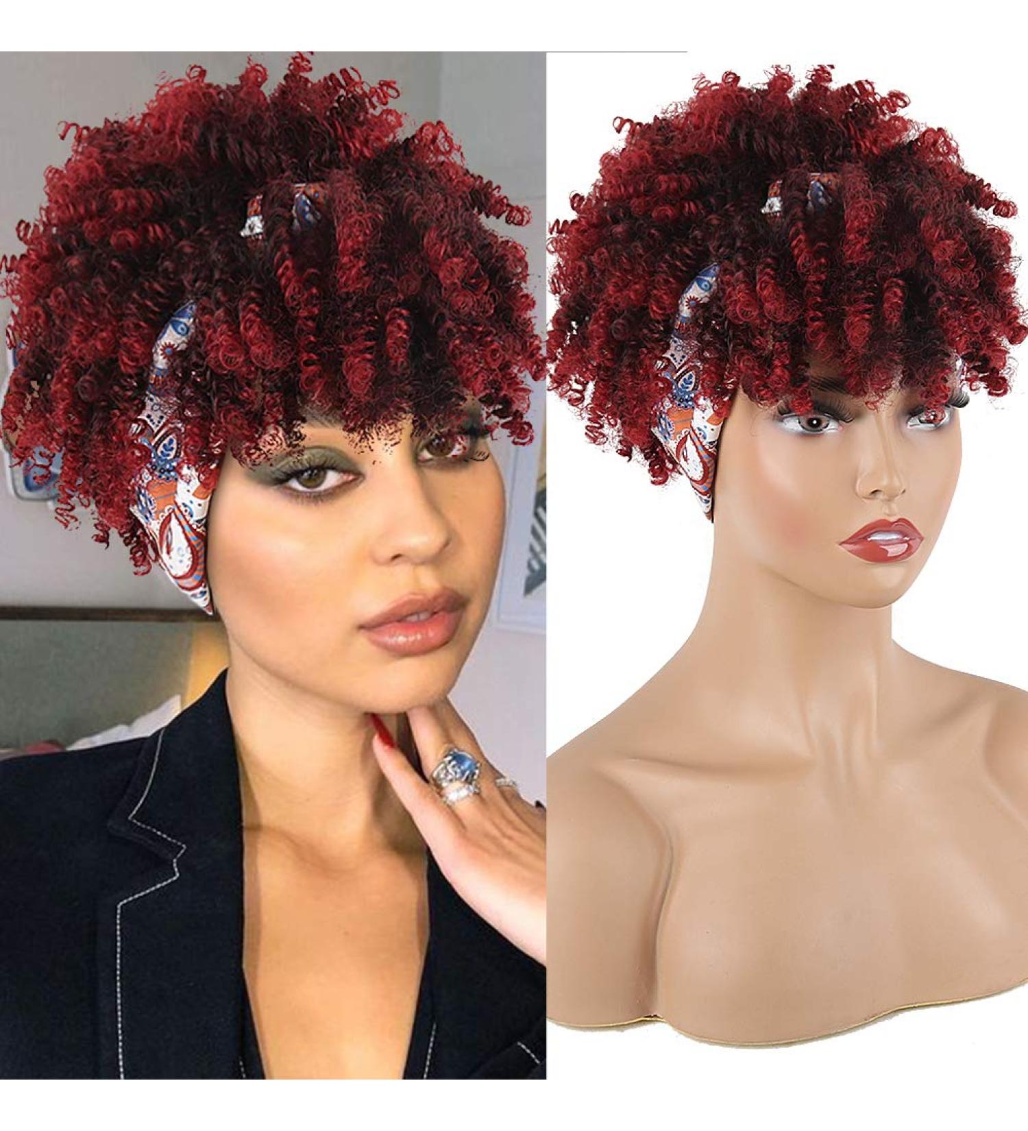 Short Curly Headband Wig for Black Women | Red Head Wrap Afro Kinky Curly Wig | Ombre Burgundy Synthetic Hair Wig with Scarf - Buy Online on GoSupps.com