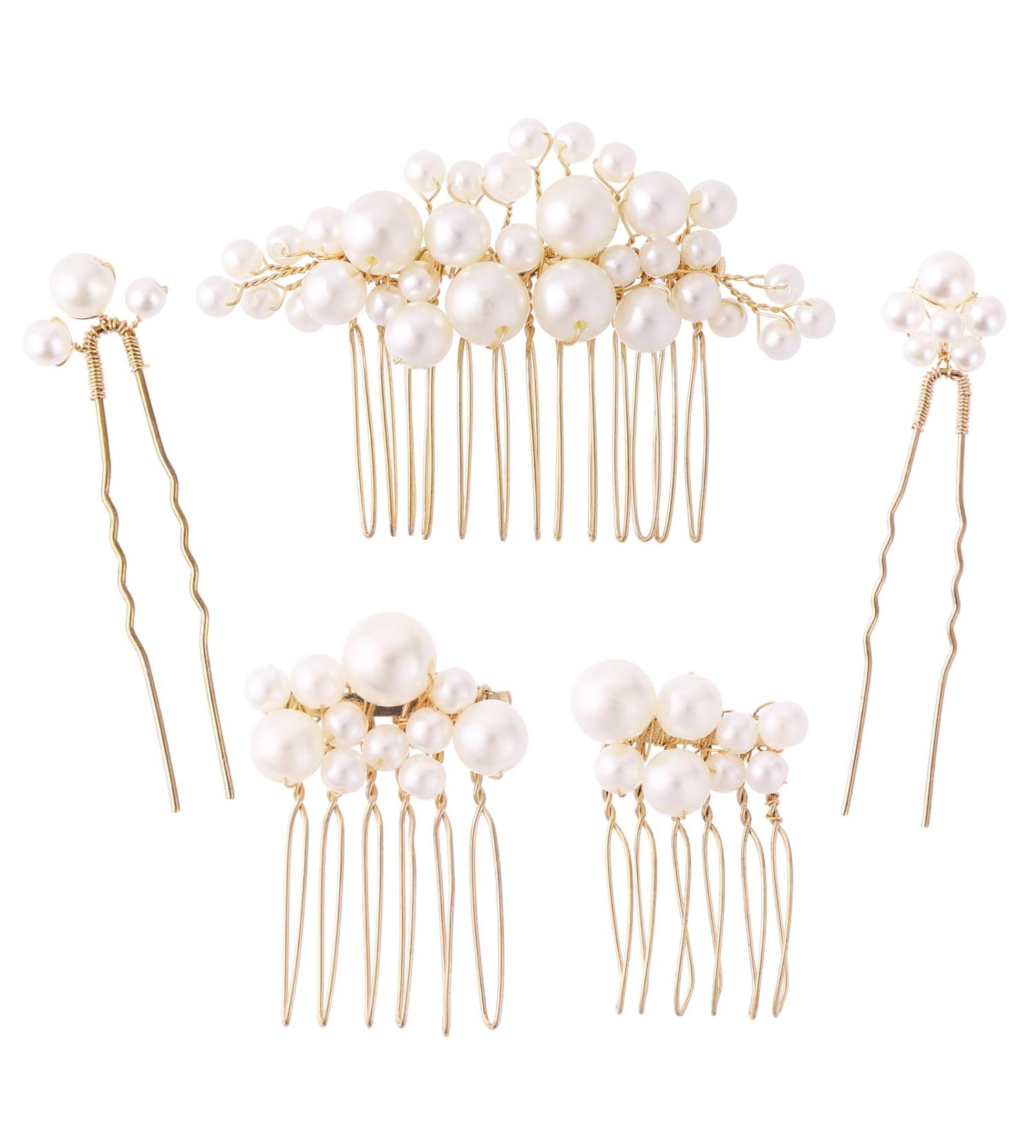 5-Piece Pearl Hair Accessories Set | Bridal Hair Combs & Gold Pearl Hairpins for Wedding - Elegant Bride Headdress - Buy Online on GoSupps.com