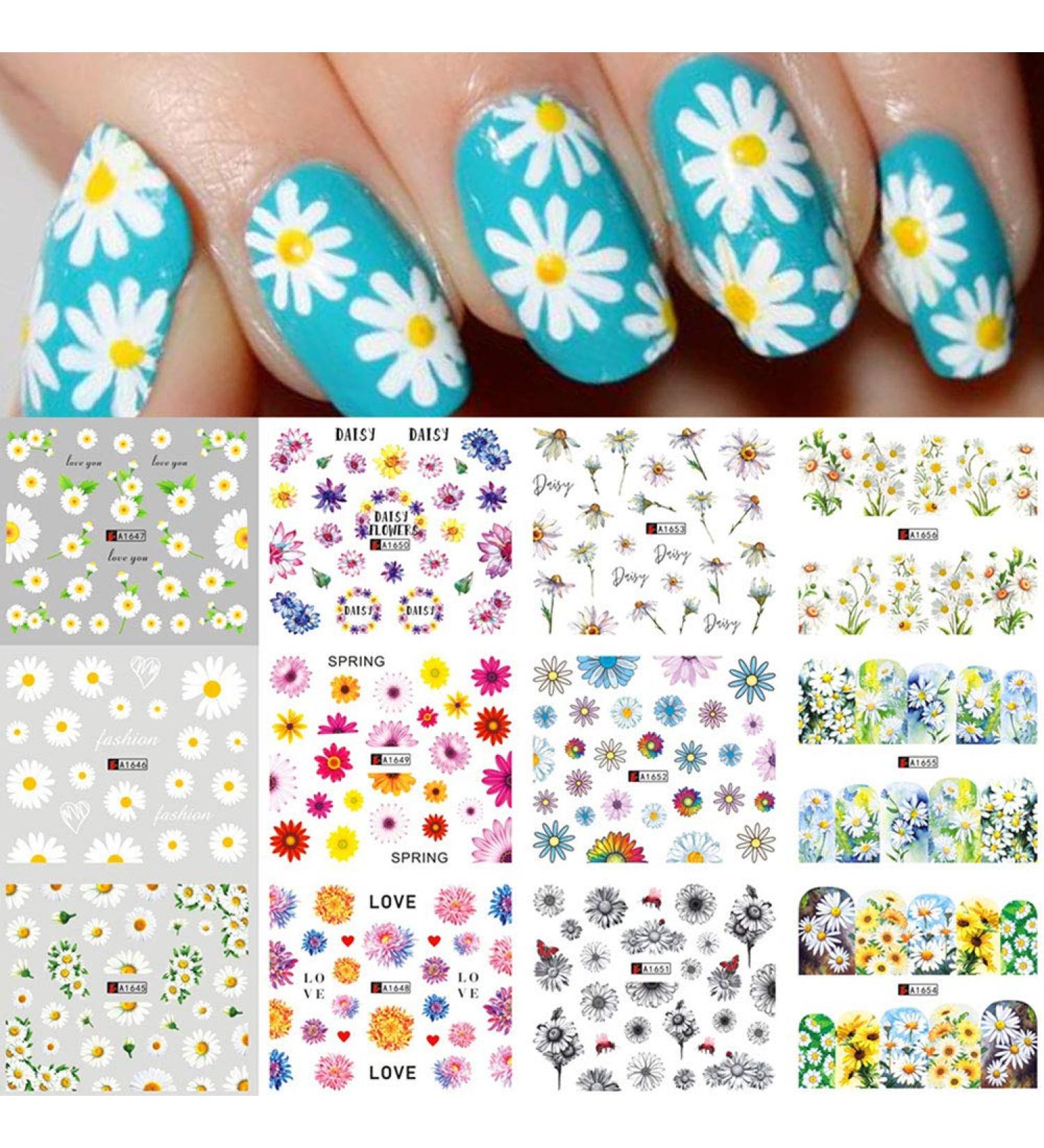 Daisy Nail Art Stickers Decals - 12 Sheets Water Transfer Flower Designs for Acrylic Nails - Summer Manicure Decoration - Buy Online on GoSupps.com