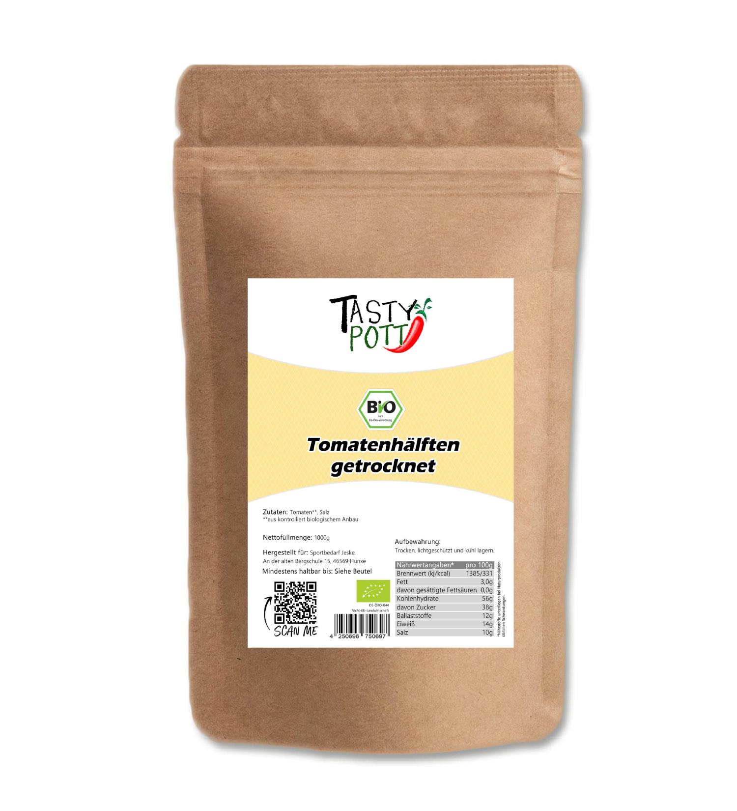  TASTY POTT Tasty Pott Organic Sun-Dried Tomato Halves | Vegan Nutrition | For pizza salads antipasti | Vegetable snack | Vegetables | Tomatoes | 1000g bag - Buy Online on GoSupps.com