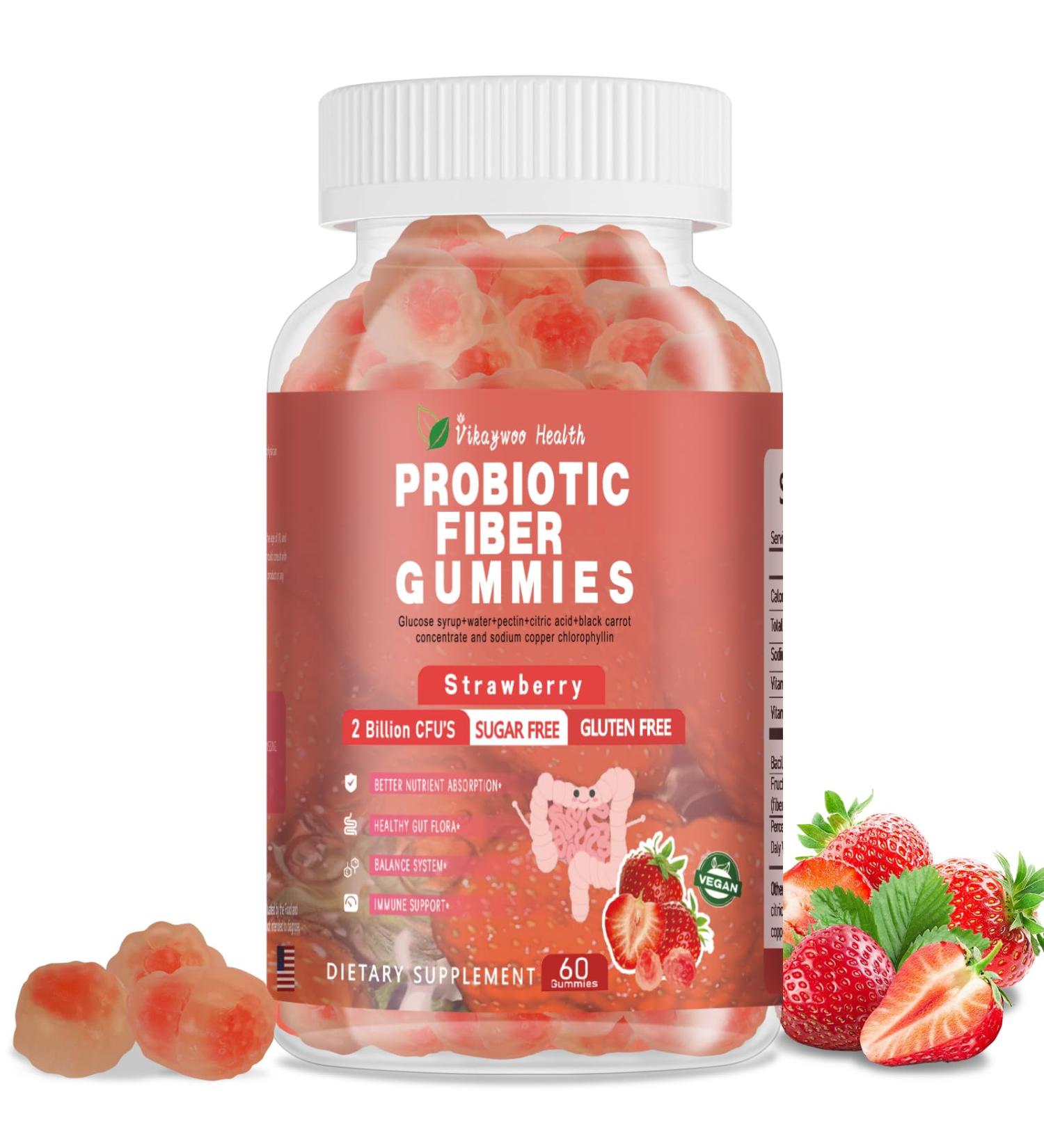 Probiotic Fiber Gummies for Adults No Sugar Added Strawberry Flavor 120 Billion CFUs Vitamin C Vitamin D Digestive Health & Regularity Support(60 Count) 1 Count (Pack of 60) - Buy Online on GoSupps.com