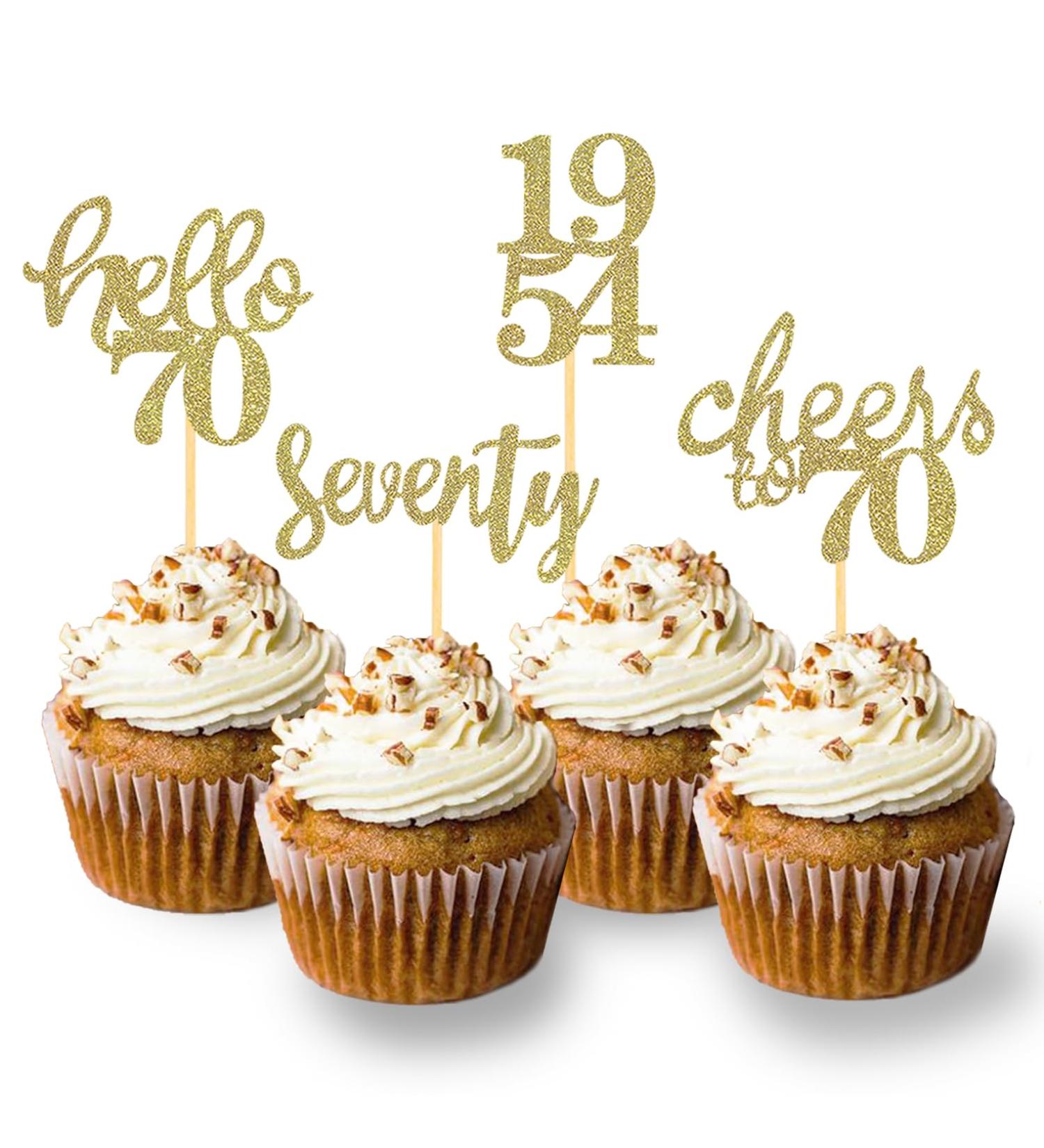 Shop 24PC Gold Glitter 70th Birthday Cupcake Toppers - 1954 Vintage Party Decorations & Accessories - Buy Online on GoSupps.com