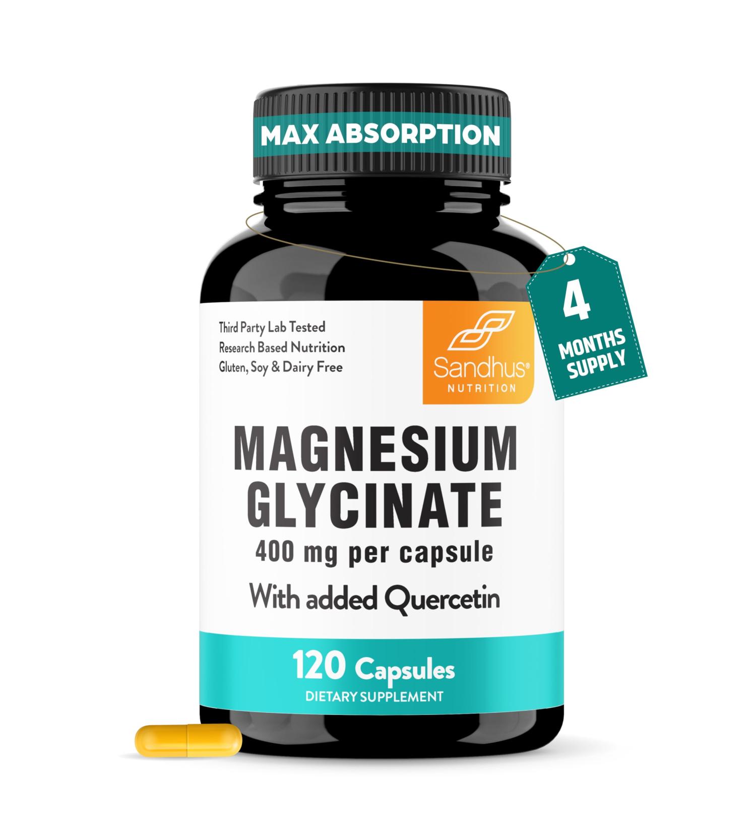Magnesium Glycinate 400mg High Absorption Capsules with Quercetin | Quality Sleep Relaxation & Muscle Health Supplement for Women and Men | Chelated Magnesium 120 Count (Pack of 1) | Easy to Swallow - Buy Online on GoSupps.com