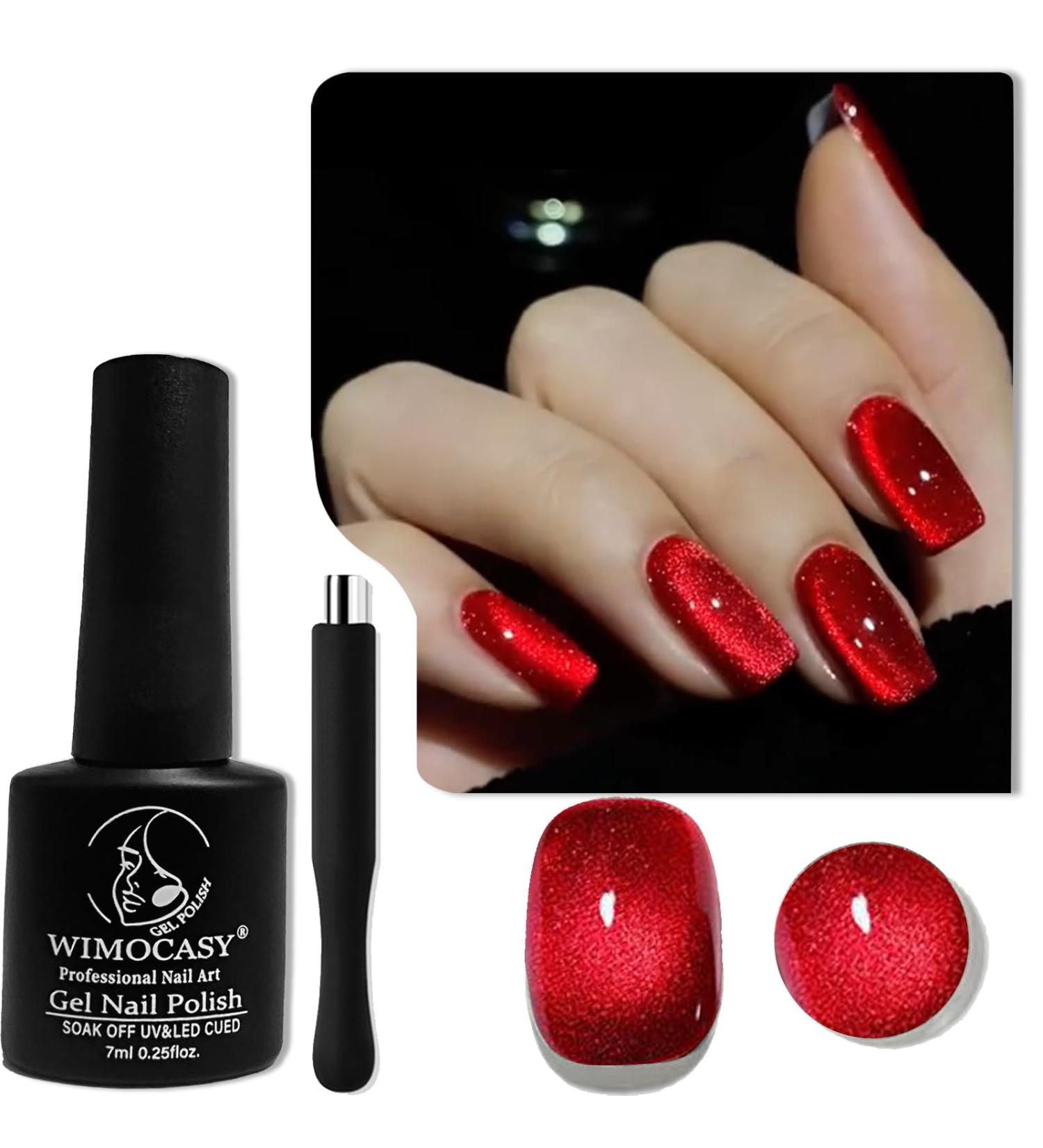 Wimocacy Cat Eye Gel Nail Polish - Holographic Glitter Magnetic Nail Polish for Salon & DIY - Ruby Red - Buy Online on GoSupps.com